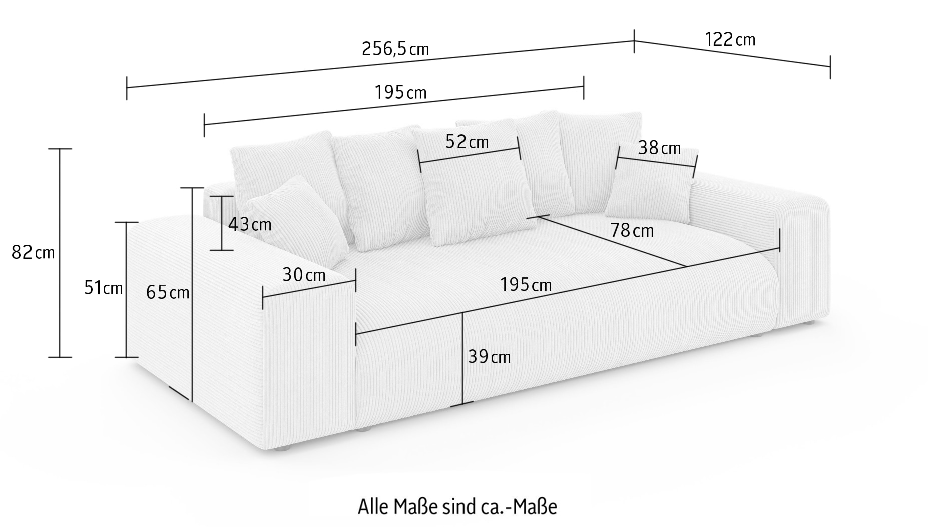 Home affaire Canapé Big »LAKESIDE 3-Sitzer Schlafsofa mit Bettkasten, Breite 256,5 cm« Liegefläche 168,5x195 cm, hoher Sitzkomfort, Masse B/T/H: 256/122/82cm