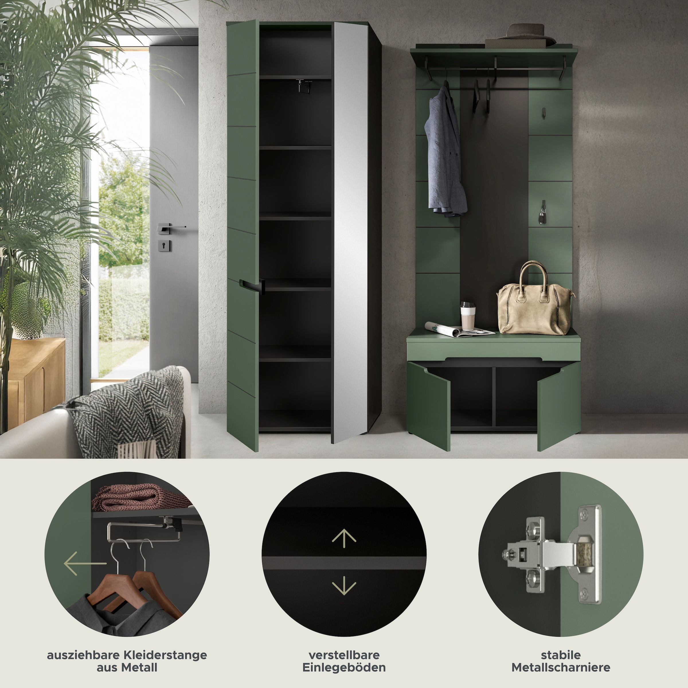 Home affaire Ensemble de vestiaires »REHAT, TOPSELLER!, 3-teilig, Breite 160 cm, individuell erweiterbar« Ensemble, bestehend aus: Garderobenschrank, Sitzbank und Paneel, 3 cuis tlg.