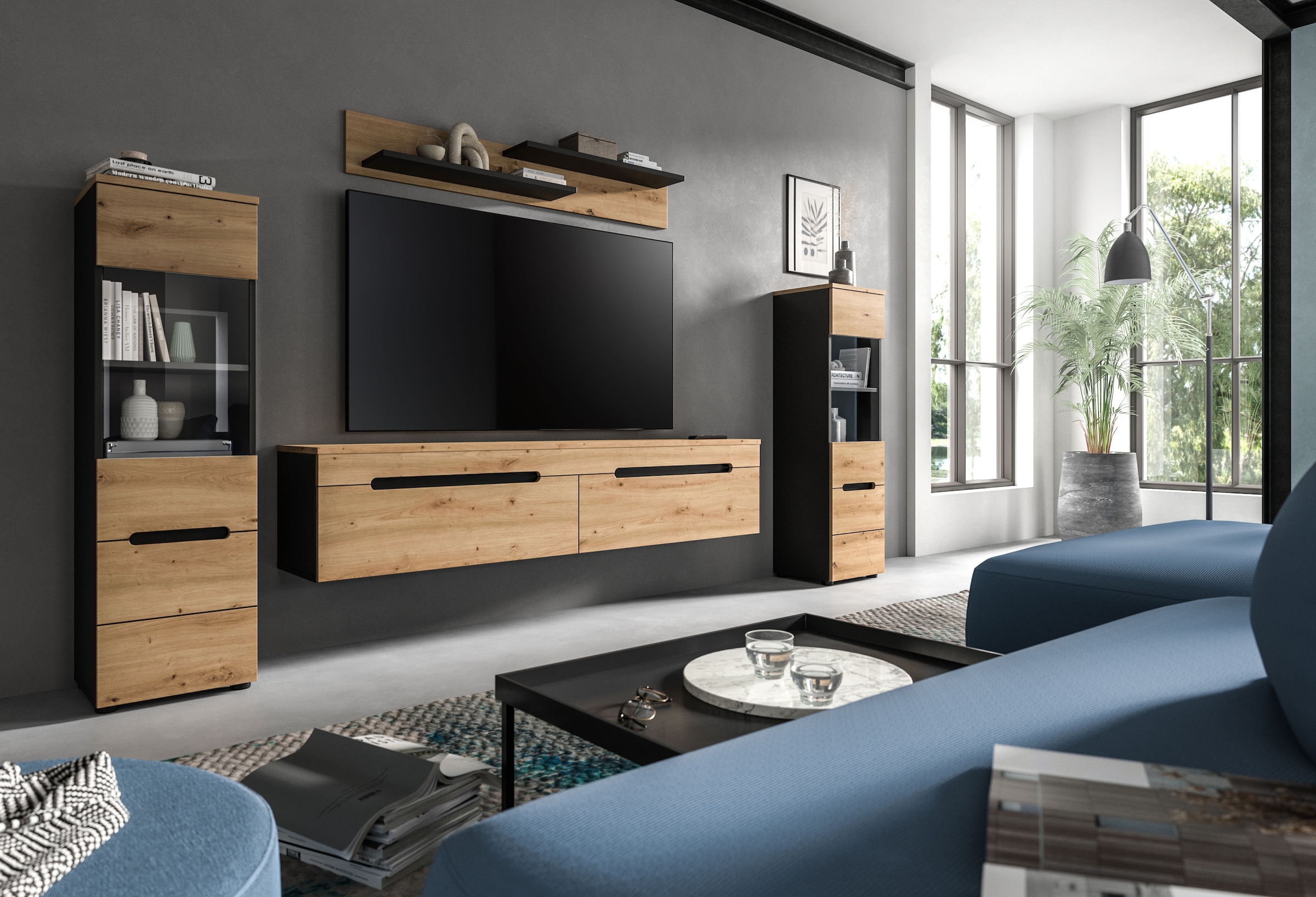 Home affaire Wohnwand »REHAT, 4-teilig, wahlweise stehend und hängend montierbar« Set bestehend aus: 2x Vitrine, Lowboard und Wandboard, 3 Stk. tlg.