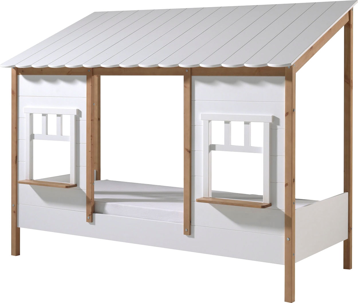 Vipack Kinderbett »Hausbett, aus MDF und Massivholz weiss lackiert mit farblichen Absatz« B/H/T ca. 214,5x174x107,5cm, vorne 2 Fenster, mit Liebe zum Detail,  inkl. Rolllattenrost, wahlweise mit oder ohne Bettschublade auf Rollen