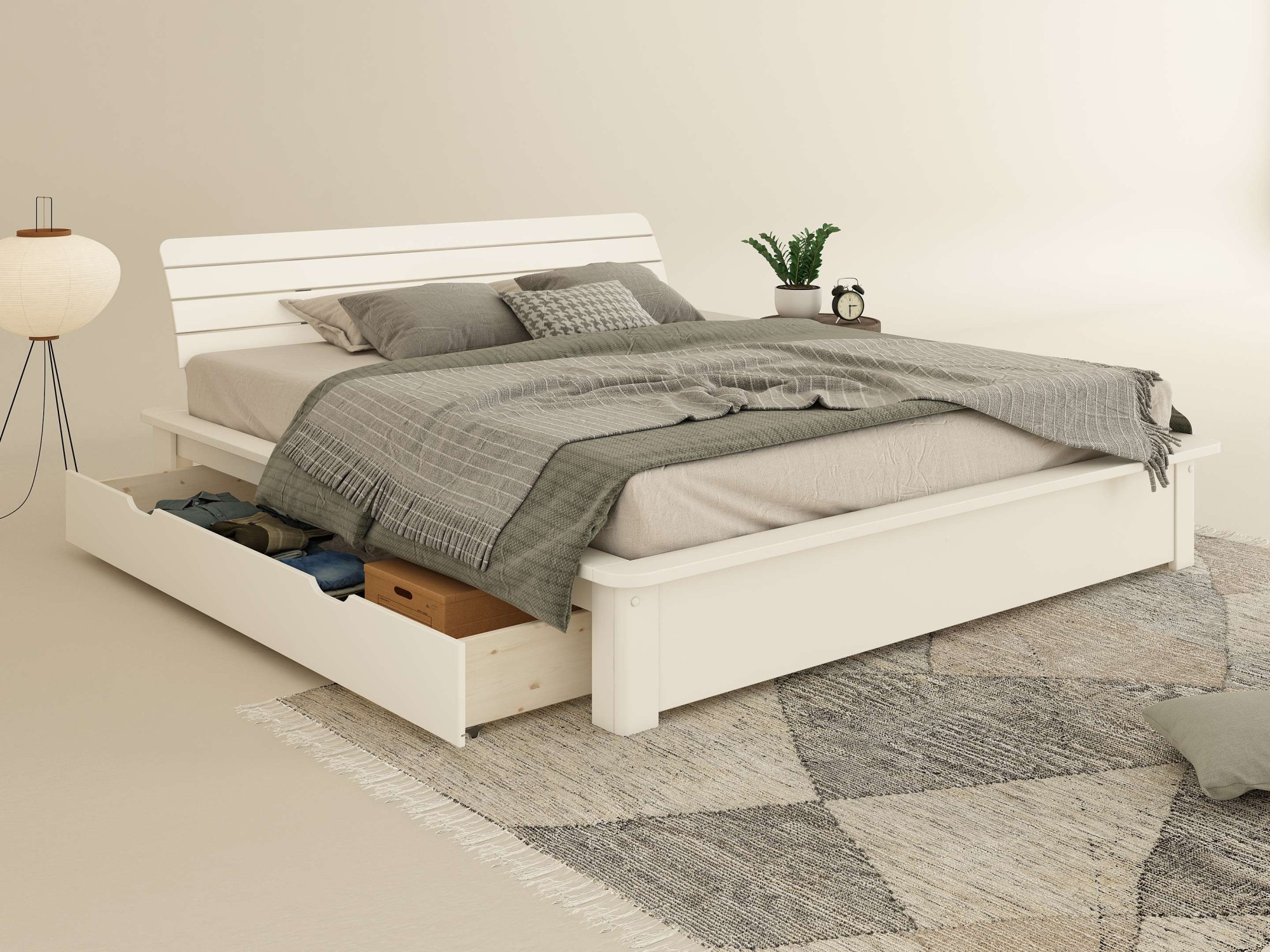 GOODproduct Lit en bois massif »Antri, Futonbett, ergonomisch geformtes Kopfteil, stilvolles Design« Rahmen zur Ablage von Smartphone, mit Lattenrost, Bettkasten optional