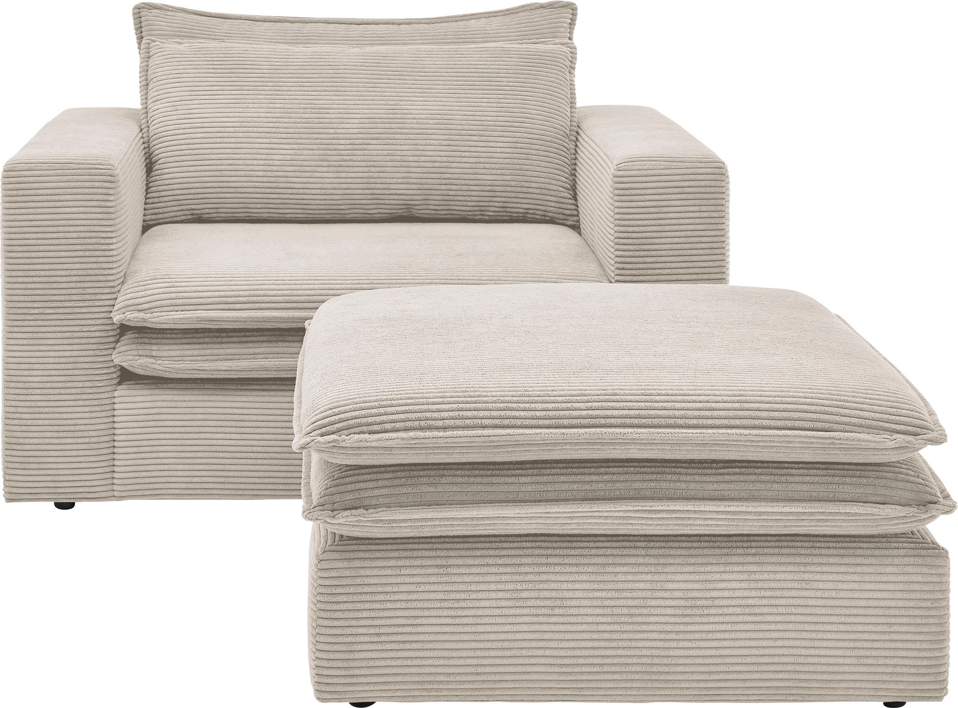 Home affaire Groupe de sièges »PIAGGE« 2 cuis tlg. Velours côtelé de haute qualité, fauteuil et petit tabouret en set
