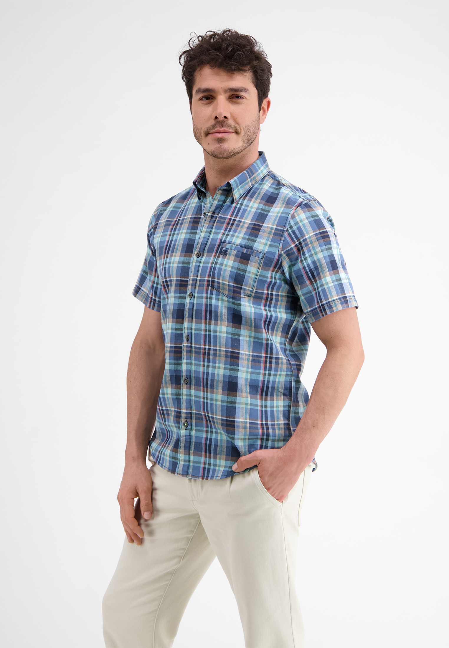 LERROS Chemise à manches courtes »Kariertes Halbarmhemd, Baumwoll-Leinen-Mix«