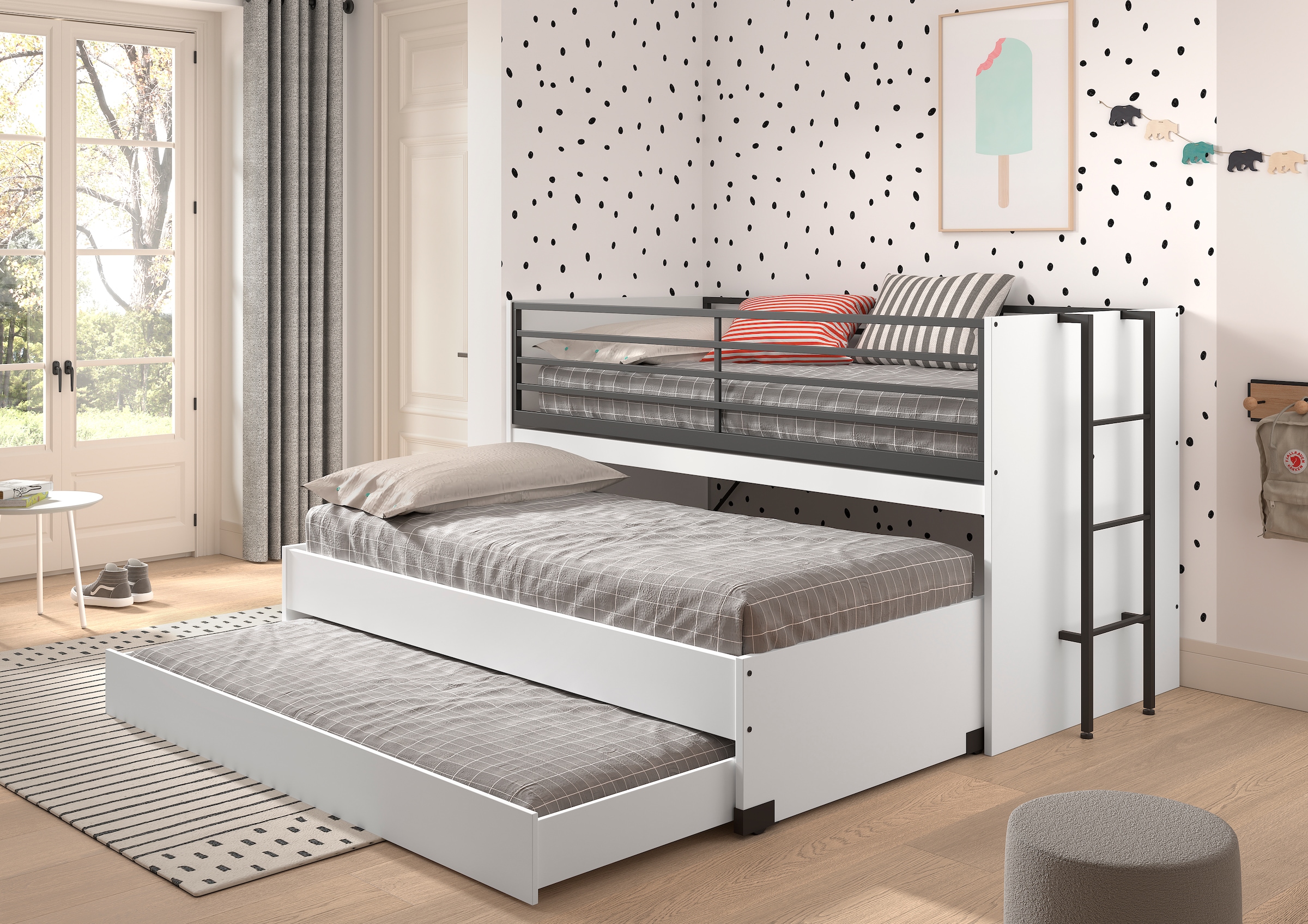 Vipack Lit superposé »praktisches Etagenbett mit viel Funktion, 2 Dekore zur Wahl« L/H/P env. 219x114x98 cm, échelle métal et protection anti-chute noire,  pour petits espaces, 2 surfaces de couchage, tiroir-lit, incl. bureau