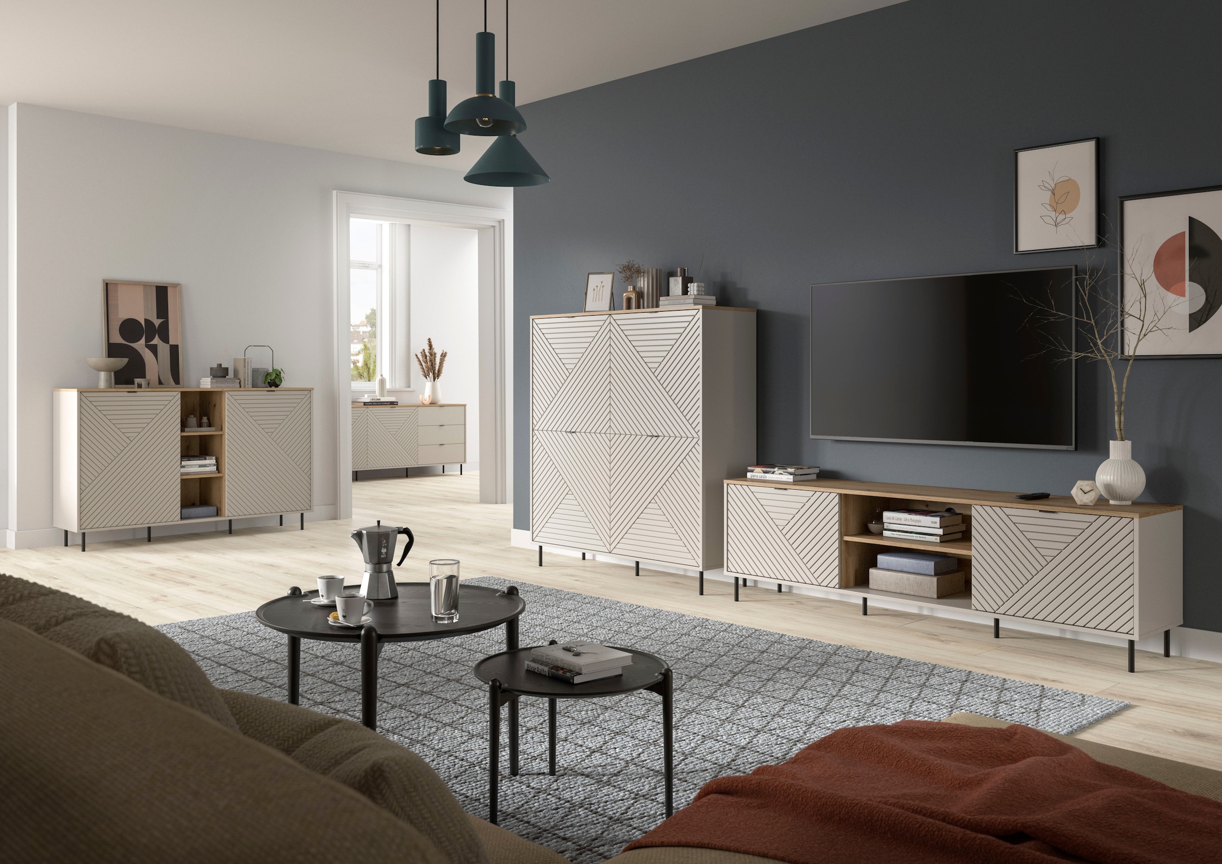 Home affaire Table basse »RAITA, Breite 184 cm, Front mit Desgin-Fräsung, 2 Türen, viel Stauraum« moderne Farbkombi, individuell einsetzbar, Griffe & Füsse aus Metall,  Kommode, Anrichte, Schrank, Sideboard, TV-Schrank, TV-Lowboard