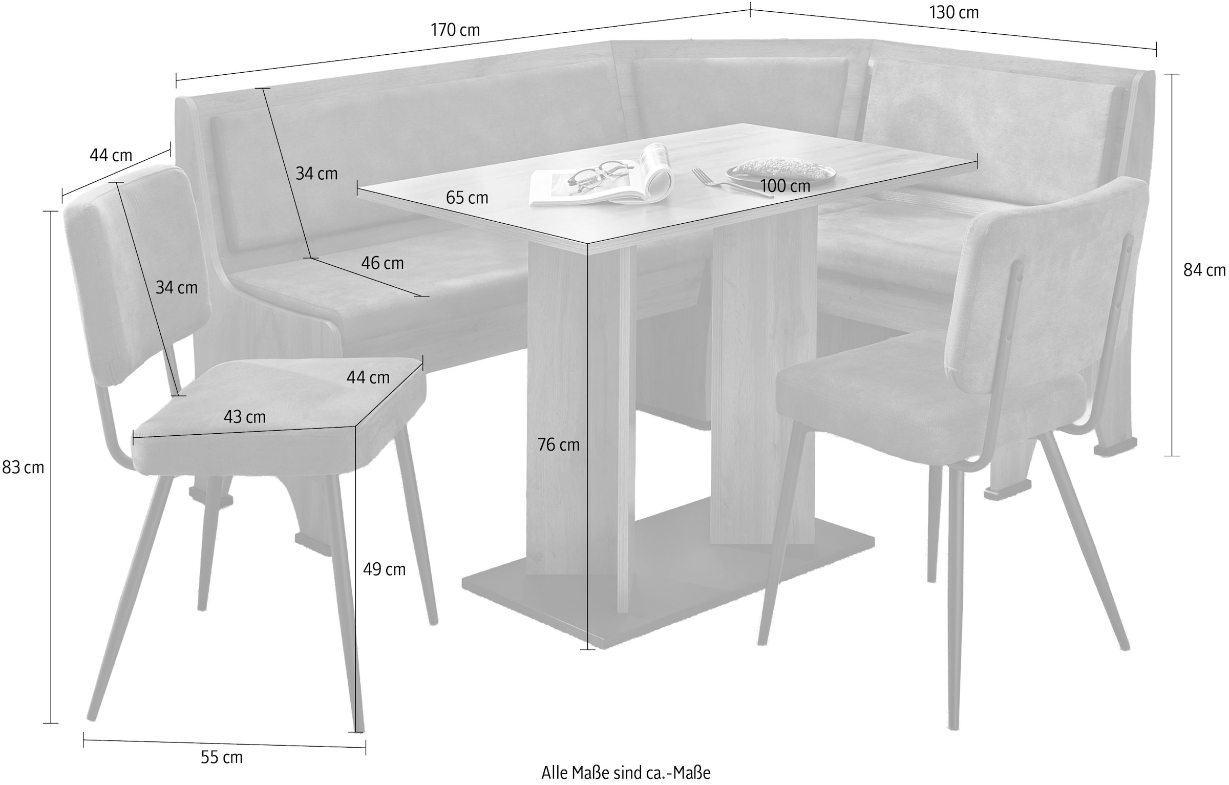 GOODproduct Eckbankgruppe »Theo (Set, 4-tlg. Tisch, Bank und 2 Stühle) 2 Farben wählbar« Bank links/rechts montierbar, mit Stauraum, Stühle im 2er Set