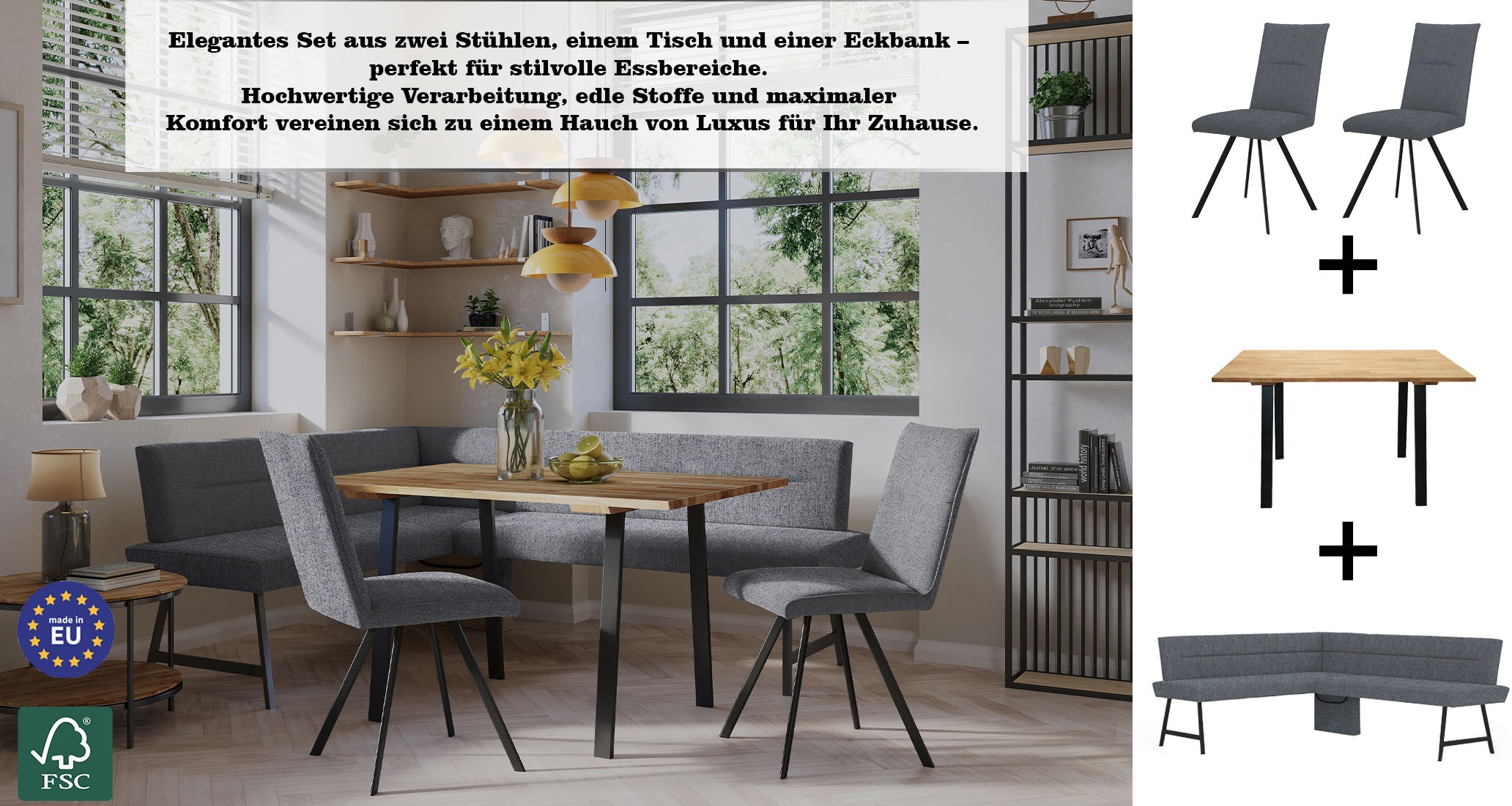 GOODproduct Ensemble de bancs d'angle »Sava« Ensemble, 4 cuis tlg. Eckbank mit Wellenfederung im Sitz, Tisch Massiv Eiche