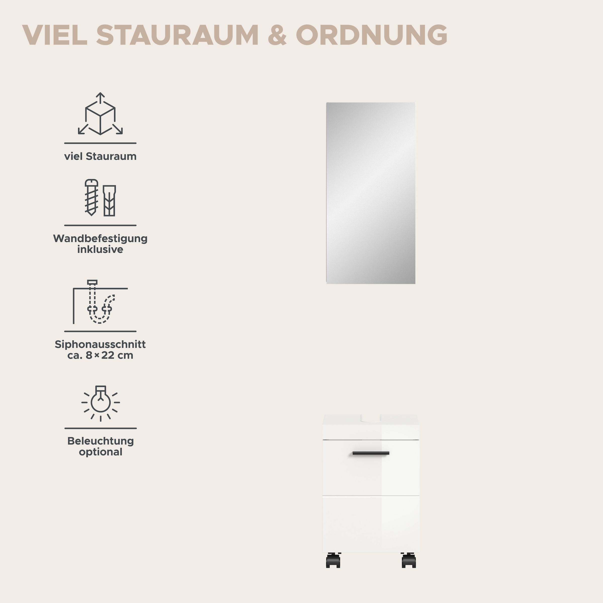 welltime Ensemble de meubles de salle de bain »AVON, Breite 40 cm, 2-teilige moderne Badkombination, auf Rollen« bestehend aus: Waschbeckenunterschrank & Spiegelschrank, 2 cuis tlg.