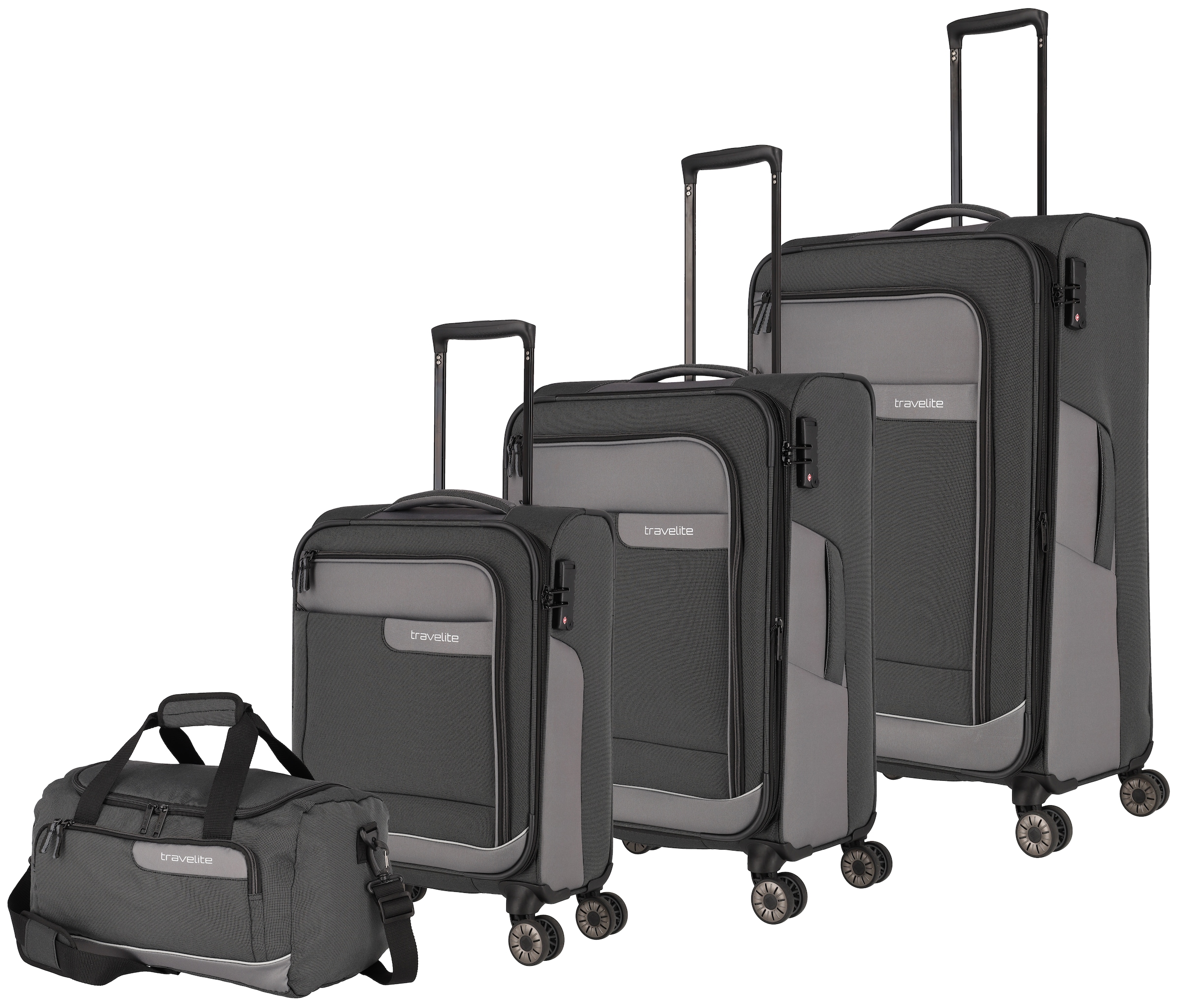 travelite Trolleyset »VIIA S/M/L und Reisetasche« Kofferset Reisegepäck mit erweiterbarem Volumen und TSA Schloss