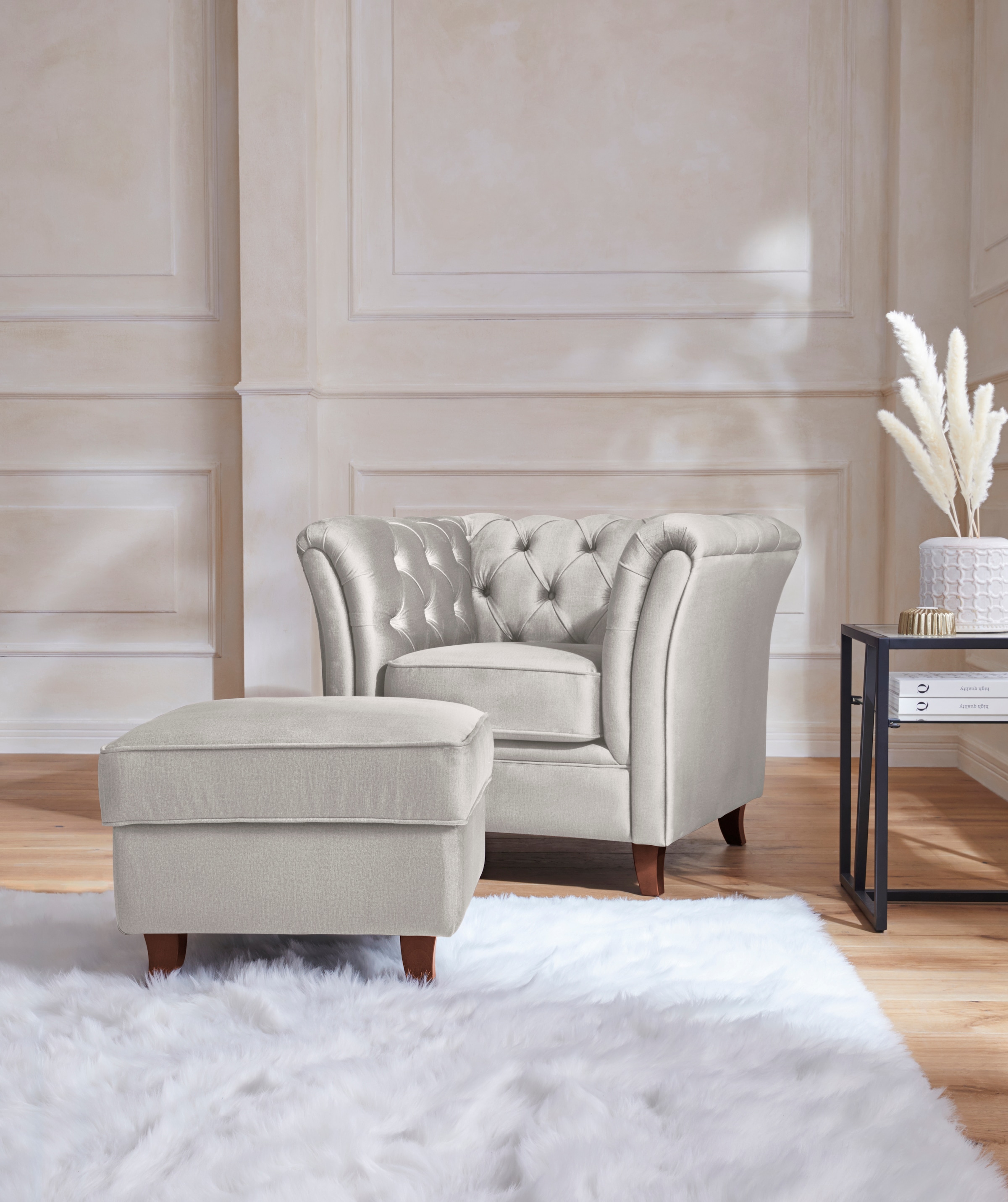 Home affaire Polsterhocker »Reims« echte Chesterfield-Knopfheftung, Samtoptik mich changierender Optik