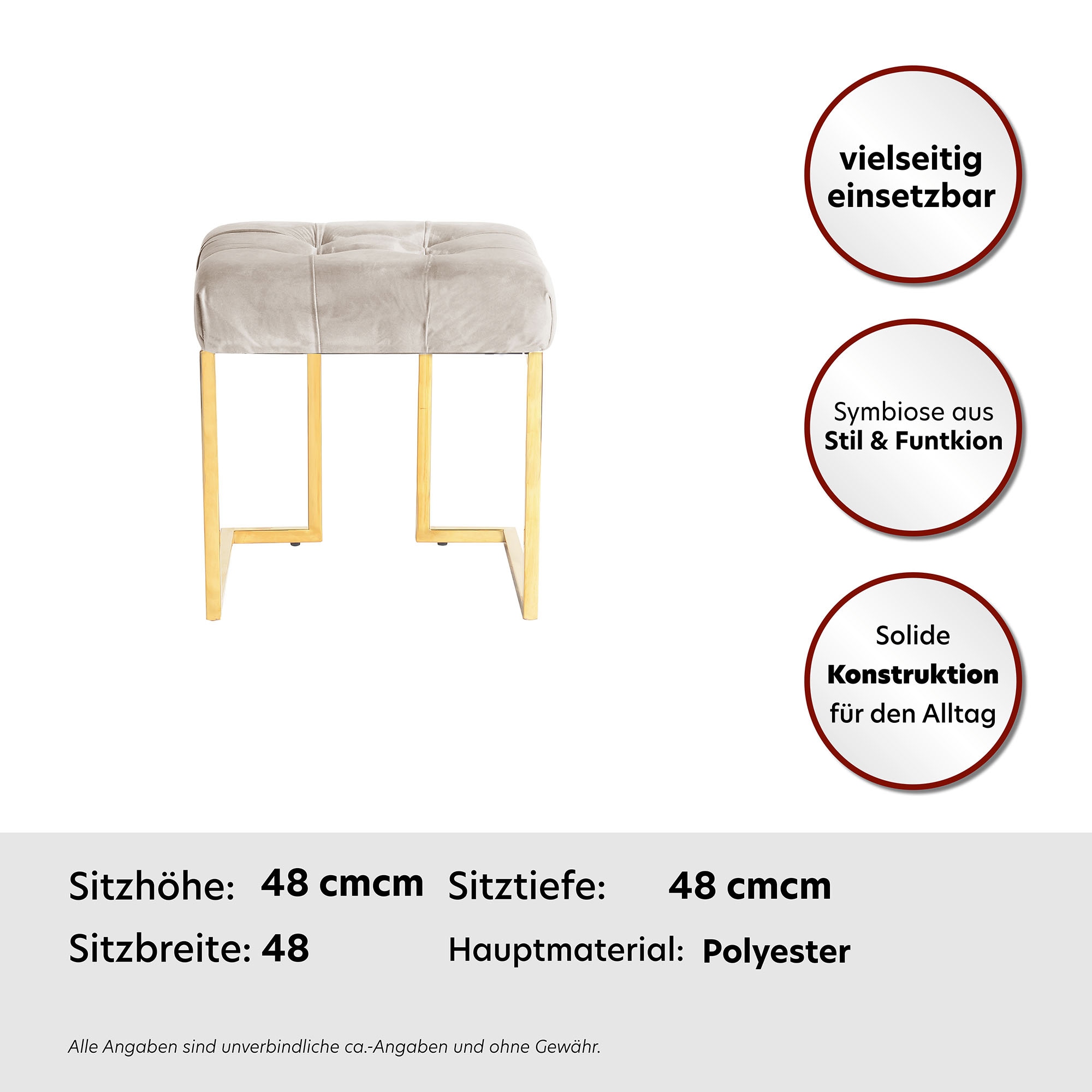 Kayoom Tabouret rembourré »Hocker Rarity 125, Edler Touch durch goldenes Gestell« 1 cuis tlg. carré, doux comme du velours, matelassé, avec boutons décoratifs, structure en acier inoxydable