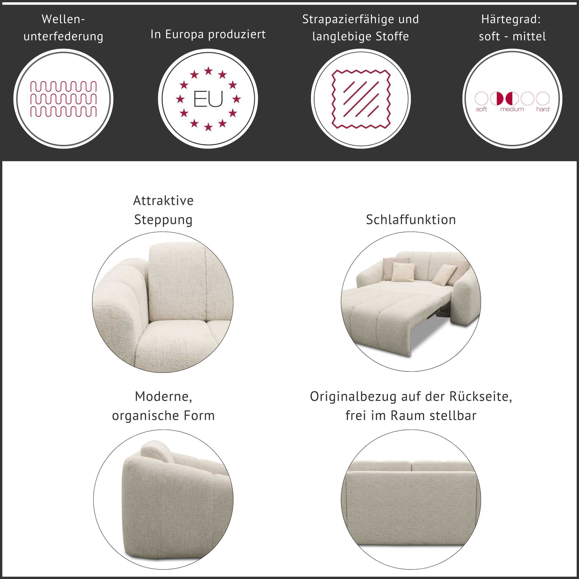 DOMO collection Schlafsofa »Lymra, 192 cm breit, organische Form mit vertikalen Absteppungen« Mit Schlaffunktion