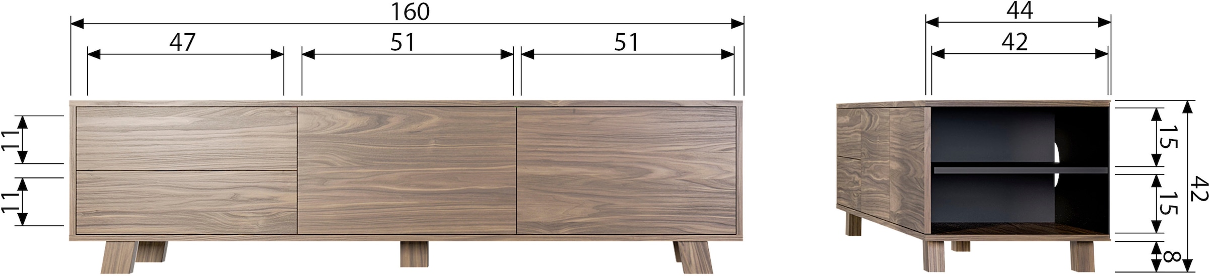 WOOOD Lowboard »Seppe TV-Kommode« Walnussfurnier mit deutlich sichtbarer Maserung, H 42 cm x B 160 cm