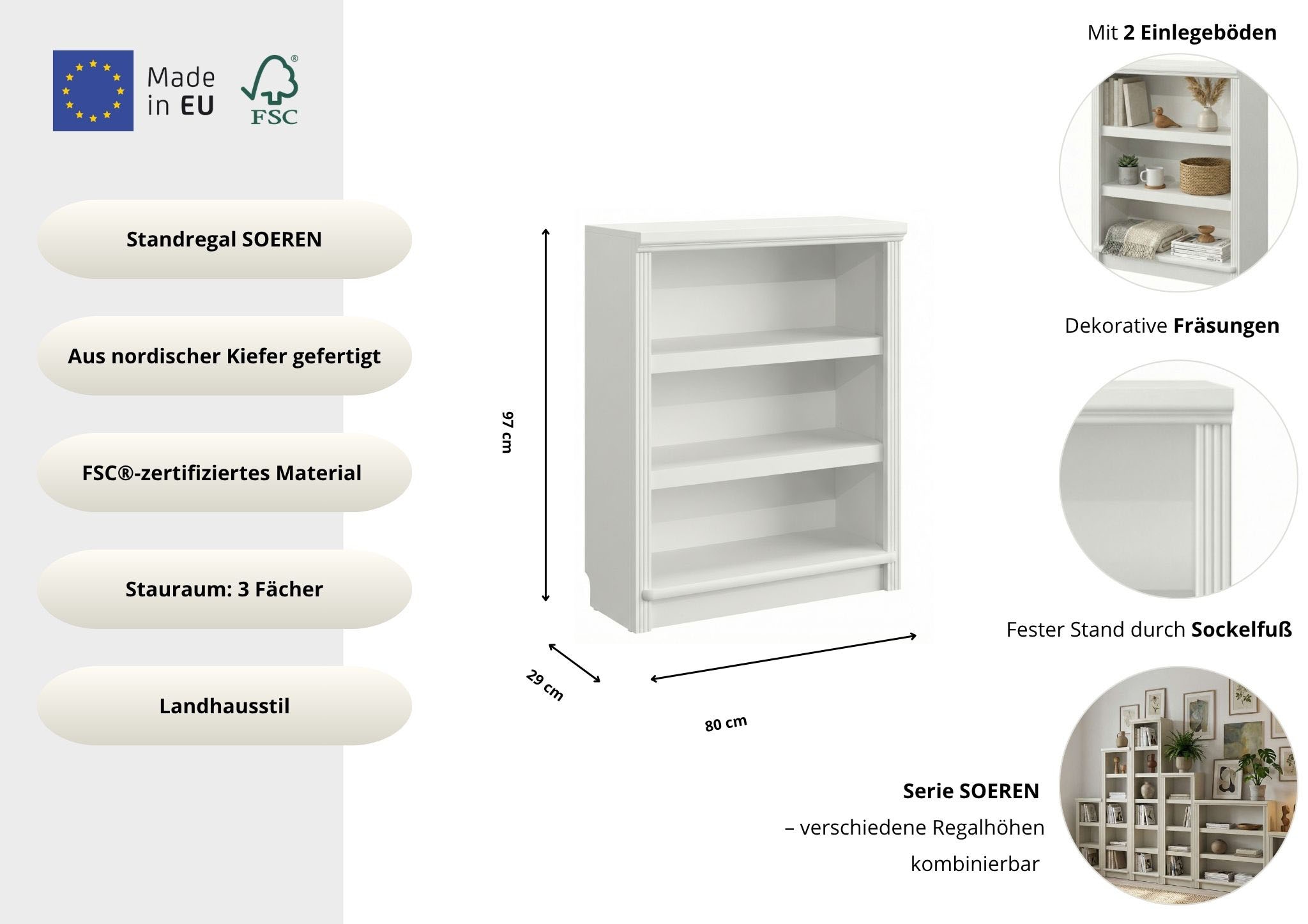 GOODproduct Standregal »Soeren Regal Bücherregal B/T/H: 80/29/97 cm« massive Kiefer, FSC®-zertifiziert