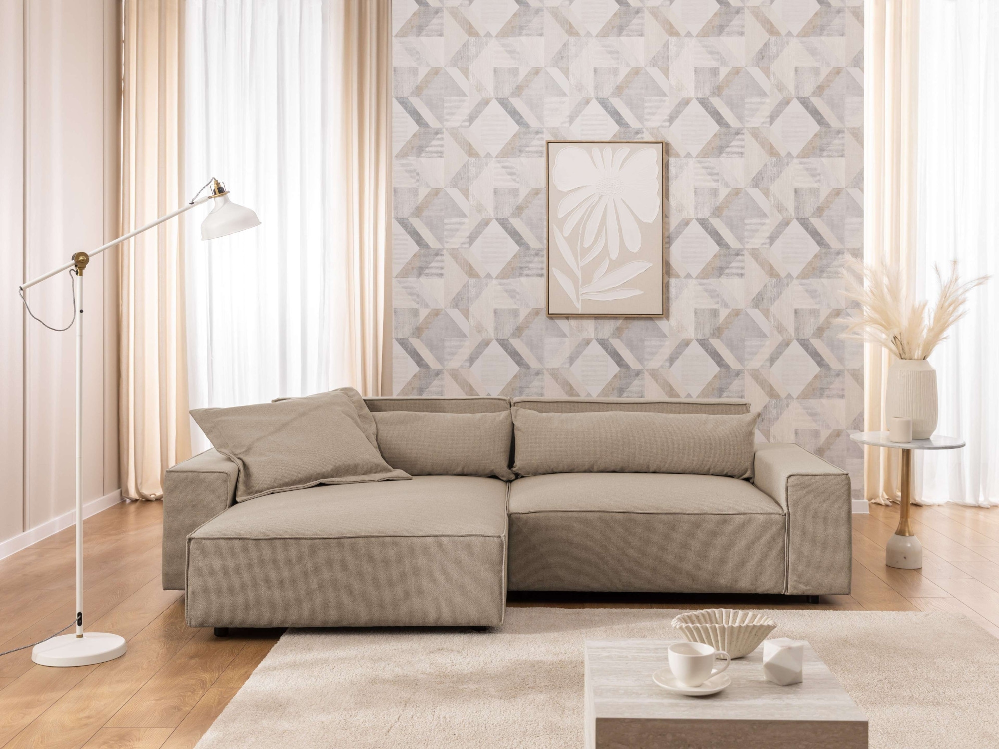 GOODproduct Canapé d'angle »KINLEE Design-Sofa mit Recamiere rechts/links, Masse B/T/H 251/144/70cm« L-Form mit Wellenunterfederung, ohne Bettfunktion, modern und beguem