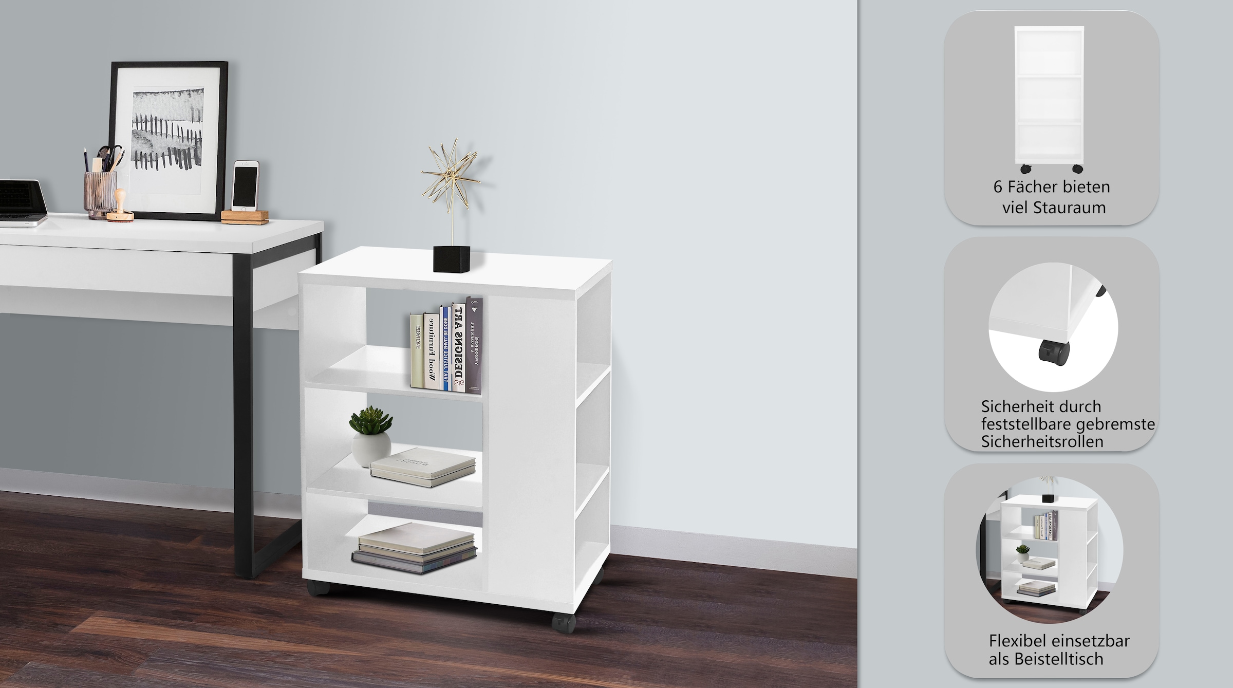 GOODproduct Chariot à roulettes »LOKVE, Rollcontainer, Druckertisch, Rollregal,« Rollen feststellbar, 6 Fächer, Höhe 75 cm