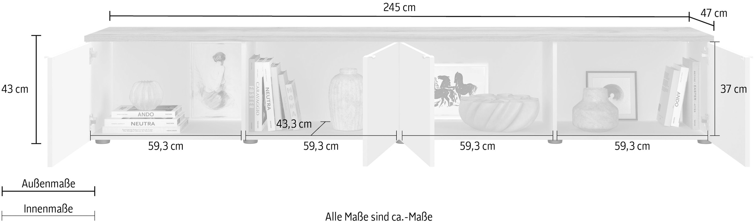 Home affaire Lowboard »Easy, 245 cm breit, 47 cm tief, 4 Türen, Top 22 mm stark, Mediaboard« Modernes Lowboard für bis zu 98-Zoll-TV – perfekt für die WM