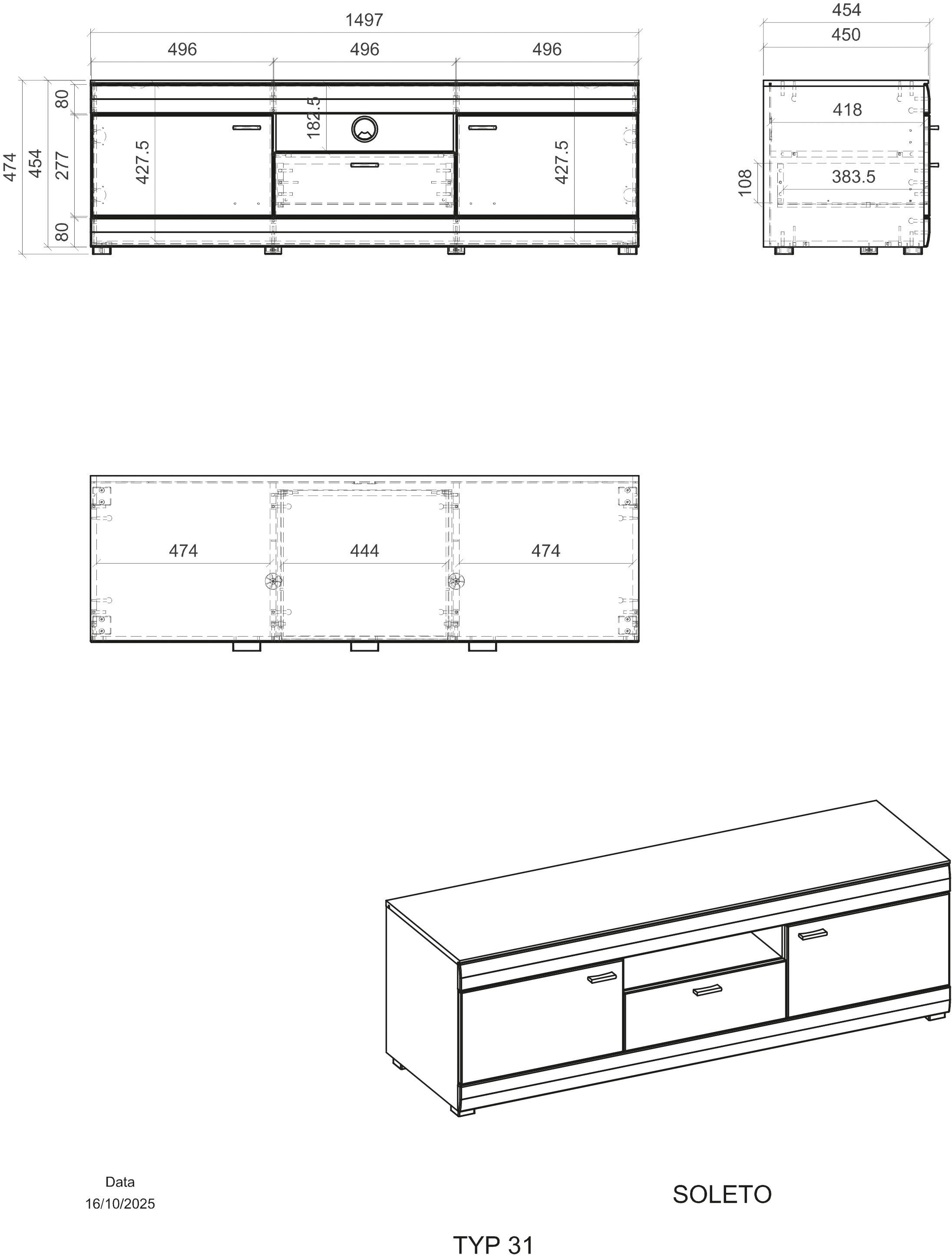 Home affaire Table basse »Soleto, moderner TV-Schrank, Kommode, TV-Unterschrank« zeitlos, schwarze Griffe aus Metall, ausreichend Stauraum