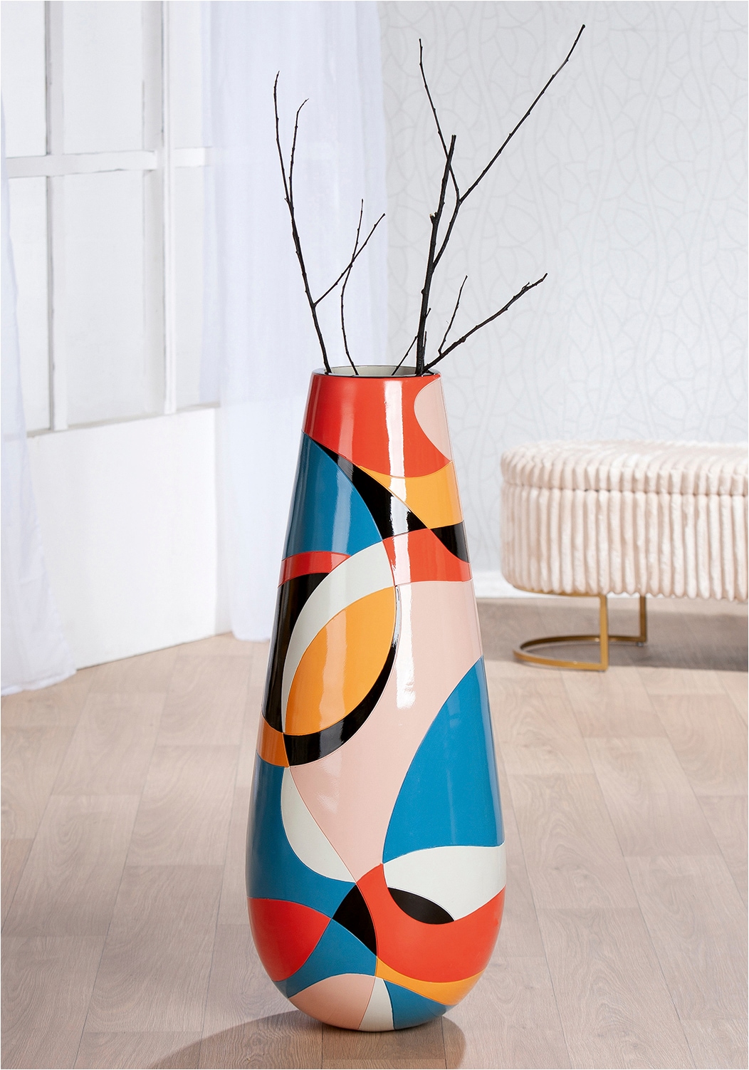 GILDE Vase de sol »Flaschen-Bodenvase Levy H.92 cm« Vase sur pied, graphique, vase à fleurs, moderne, accroche-regard, idée cadeau