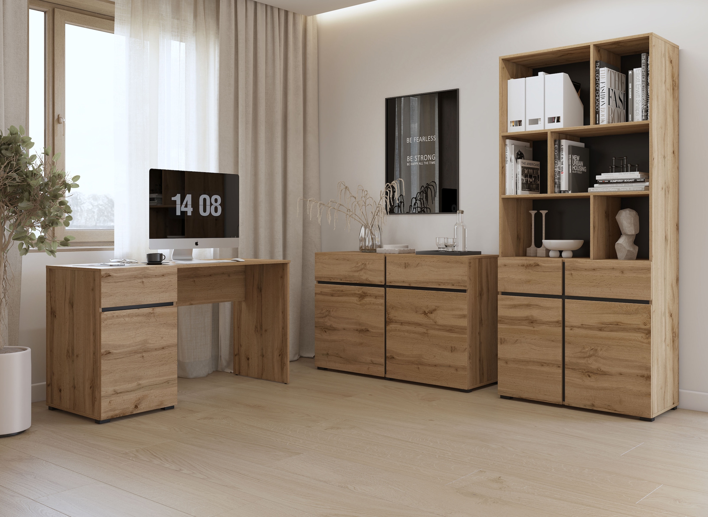 GOODproduct Armoire de classement »Cross, Breite 85 cm, modernem grifflose Standregal, Bücherregal« Étagère avec 6 compartiments ouverts, 2 tiroirs et 2 portes, étagère de bureau