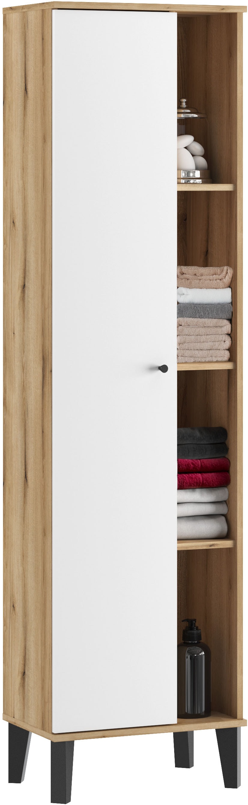 Home affaire Armoire de rangement »Oslo, Badschrank mit Knopfgriff, Hochschrank im skandinavischen Design« disponible en blanc ou gris, suffisamment d’espace de rangement