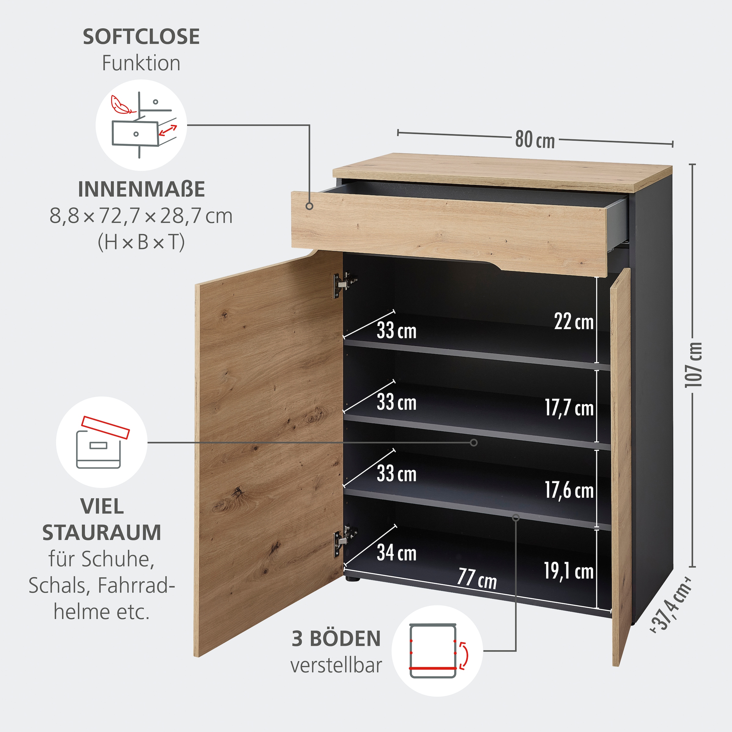 GOODproduct Armoire à chaussures »Bergen Schuhschrank, 80/107/38 (B/H/T cm)« 1 cuis tlg. 2 türig, Schubkasten, Soft Close,