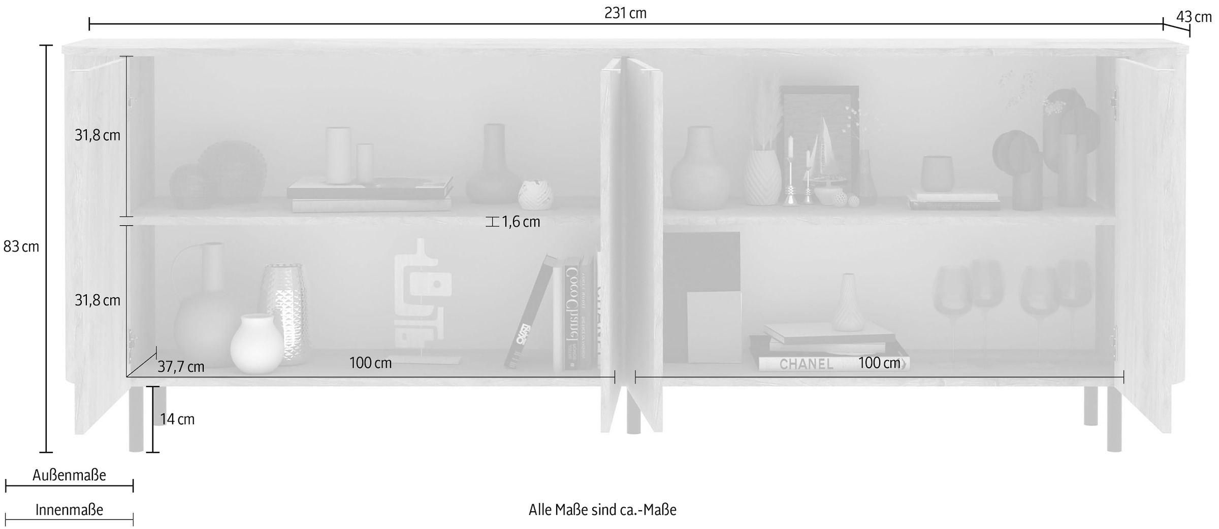 Home affaire Sideboard »Murano, 231 cm breit, 4 Türen, Anrichte, Kommode, Stauraumschrank« Formgebogenes MDF, Stirnseiten mit Rundung, Füsse und Griffe aus Metall