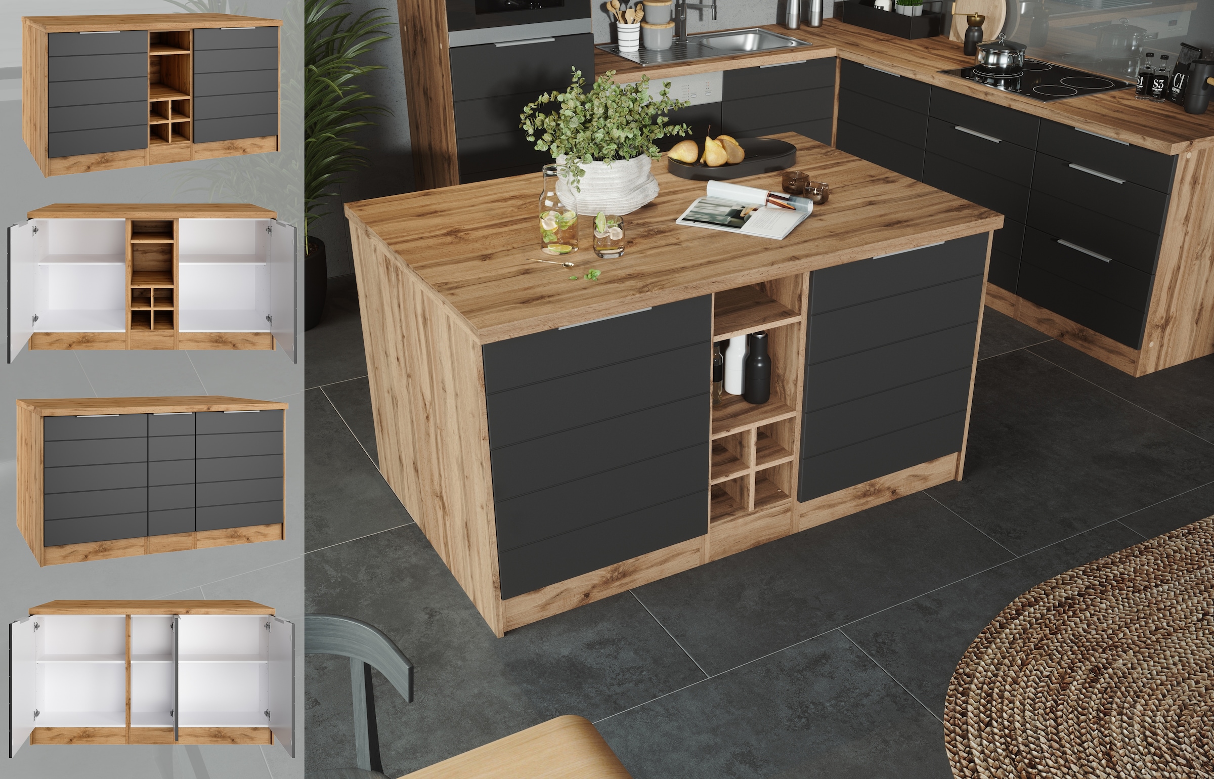 KOCHSTATION Ilot de cuisine »KS-Luhe, Breite 153 cm, mit Flaschenregal« façades MDF, plan de travail épaisseur 38mm
