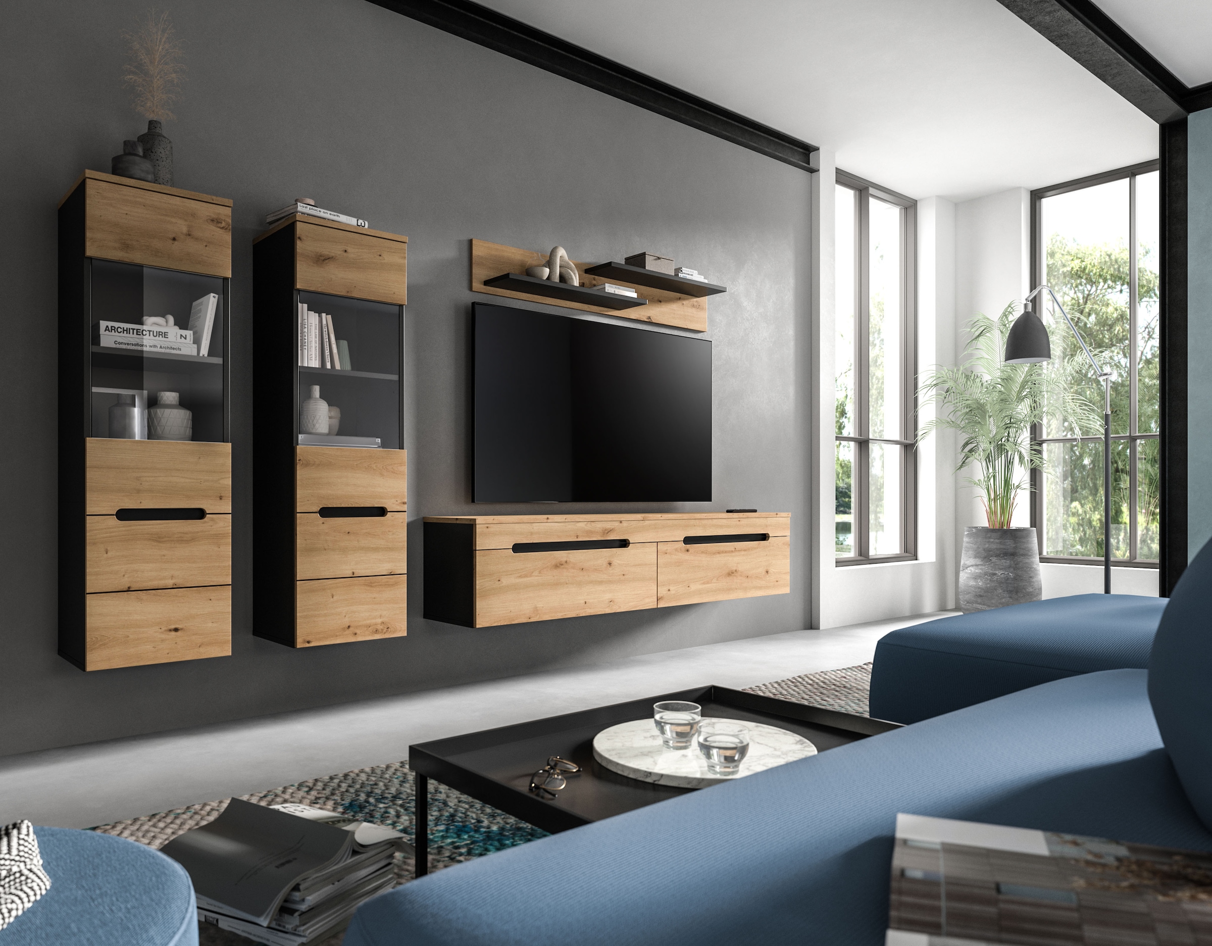 Home affaire Wohnwand »REHAT, 4-teilig, wahlweise stehend und hängend montierbar« Set bestehend aus: 2x Vitrine, Lowboard und Wandboard, 3 Stk. tlg.