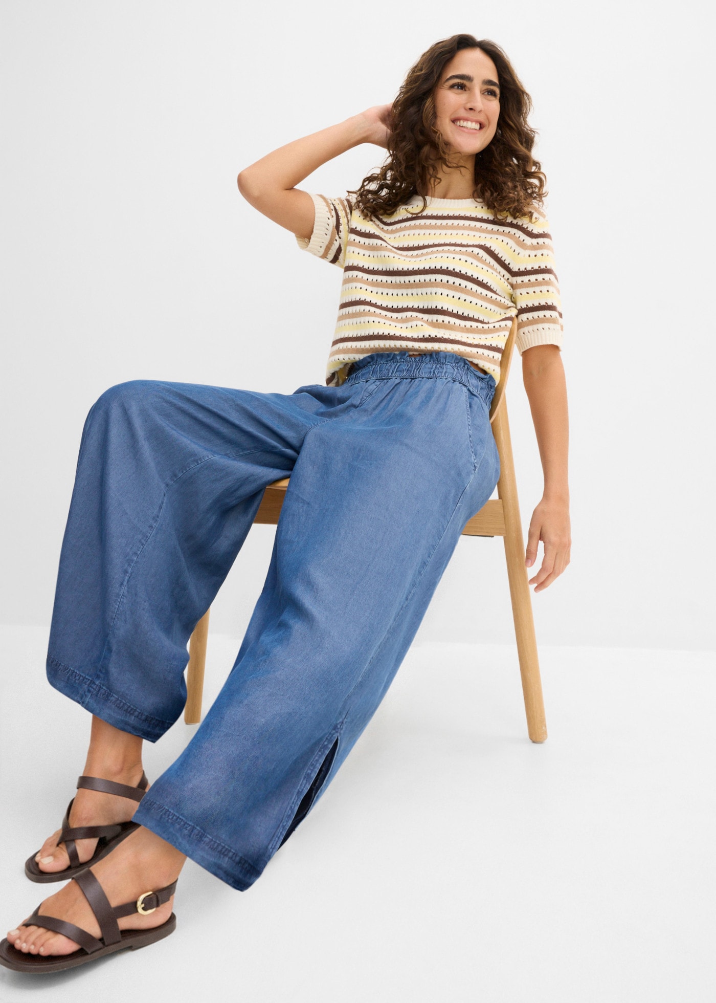 bonprix Pantalon palazzo  aspect jean, en lyocell, avec ceinture confortable, coupe loose