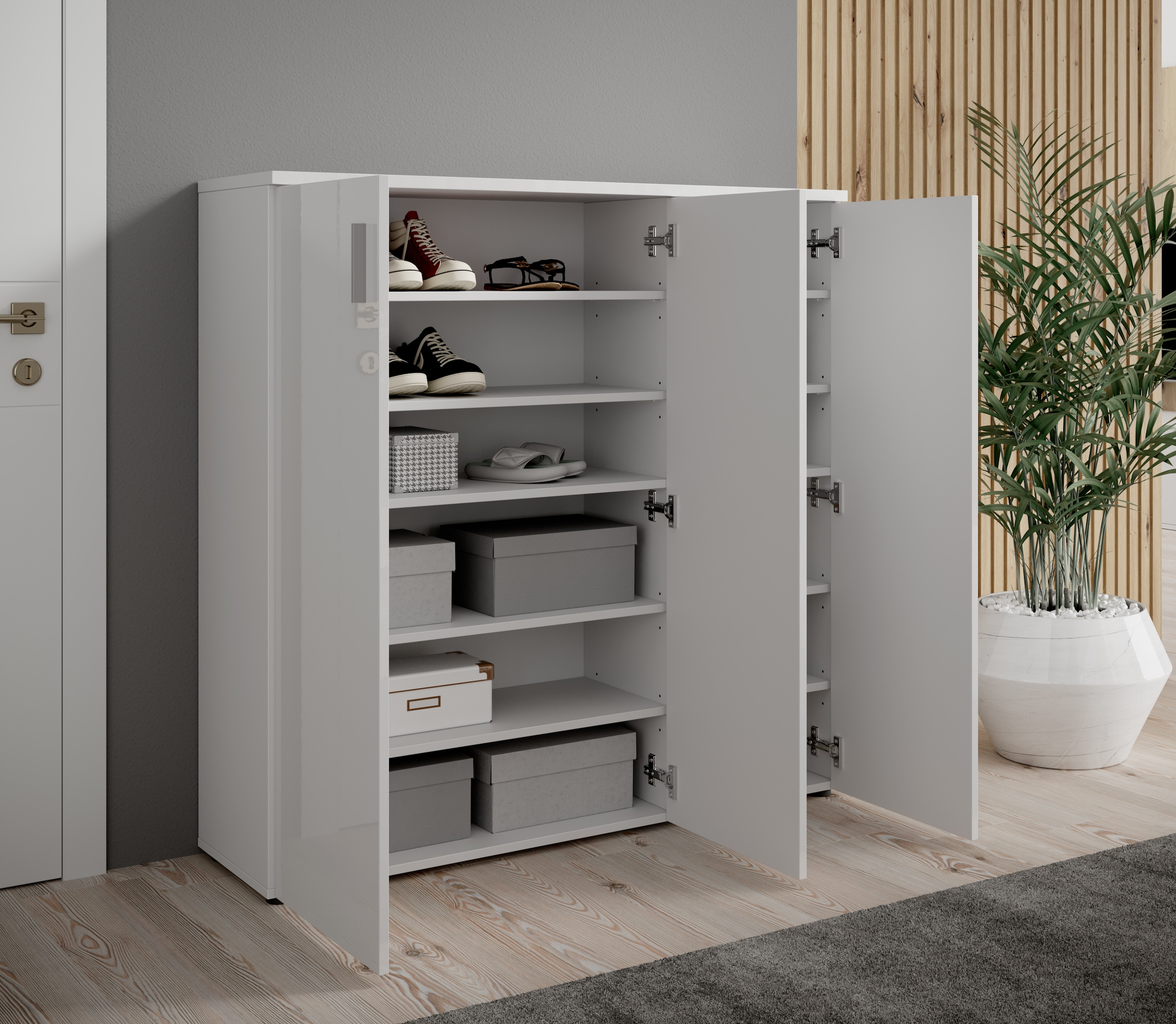 HBZ Schuhschrank »Lincoln weiss Glanz, BxHxT 120x120x35 cm« 1 Stk. tlg. Schuhschrank mit 3 Türen, 8 Einlegeböden verstellbar, 2 feste Böden