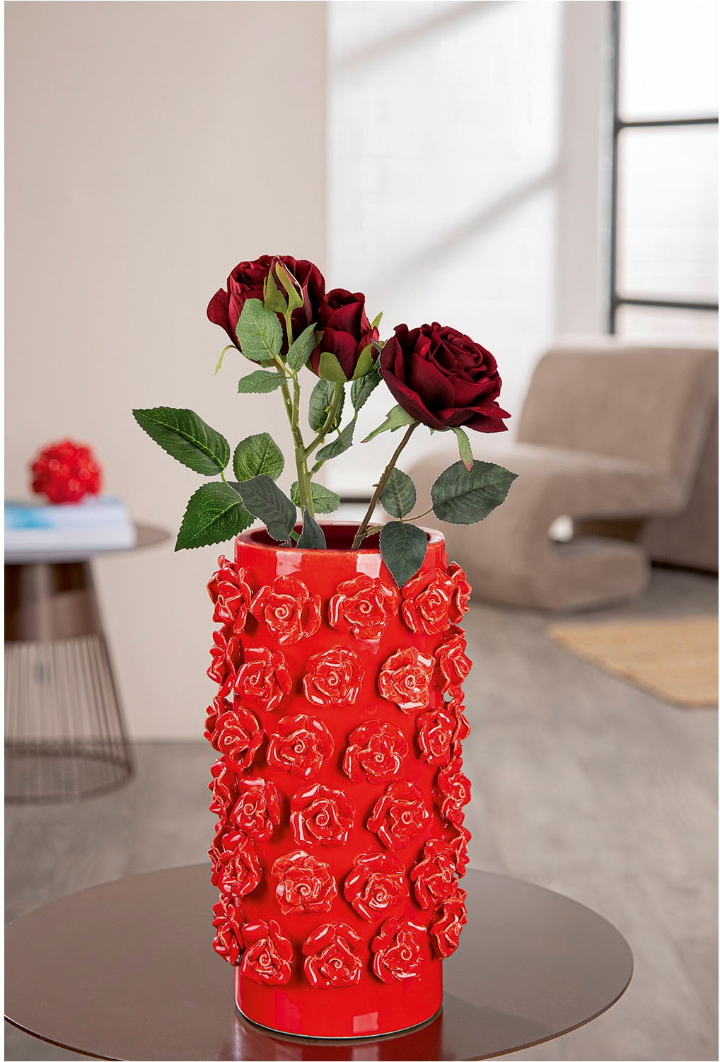 GILDE Vase de table »Vase zylindrisch Roses rot H. 30,5 cm«