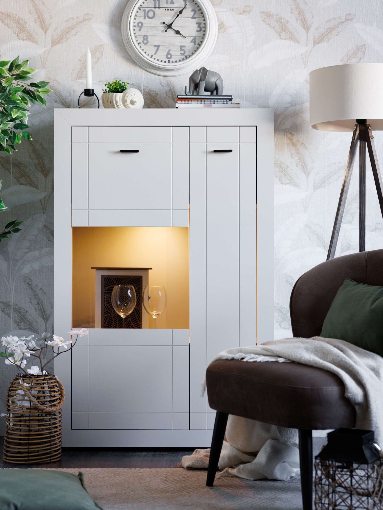 Home affaire Buffet haut »Warwick, Hochkommode, Vitrine, Glasvitrine, Kombi-Highboard« Modernes Highboard: Kaschmir-Dekor, 2 Türen, Heissfolienprägung