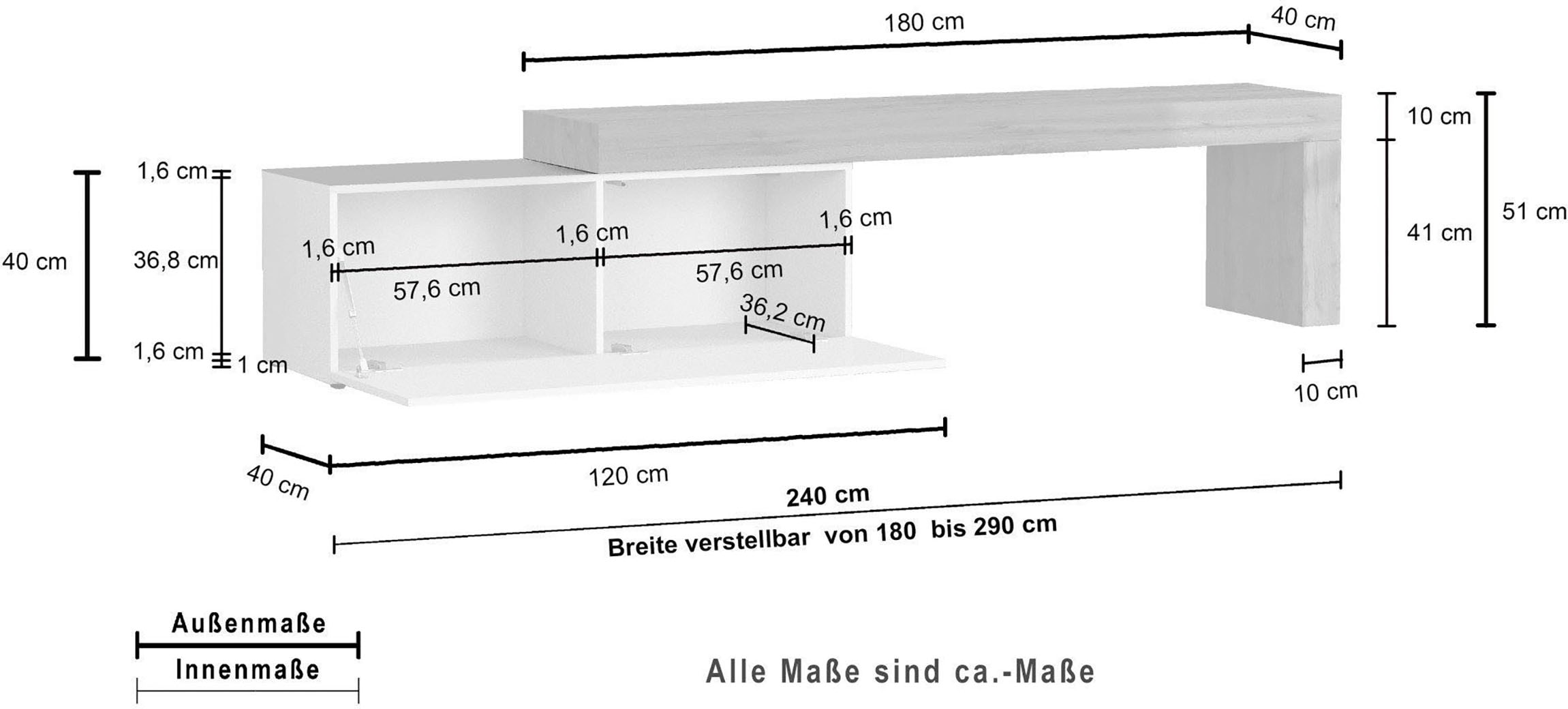 INOSIGN Table basse »Chronos TV-Board, T-Schrank« Breite verstellbar von 180 bis 290 cm, 1 cuis tlg. Breite 240 cm TV-Board,Lowboard,1 Klappe und ein L-Förmiger Aufsatz