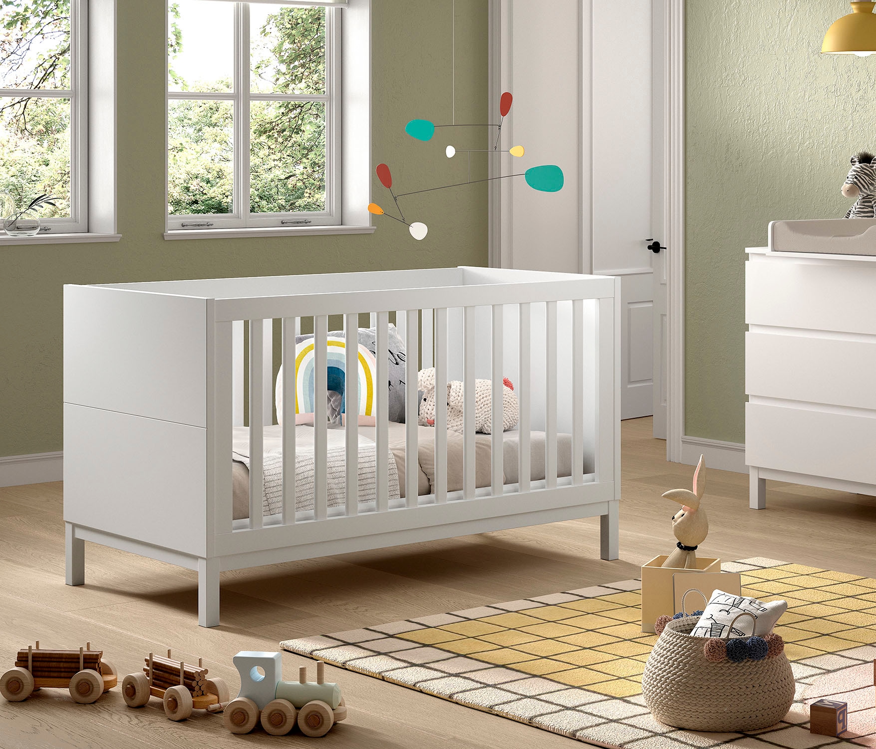 Vipack Babybett »in gradlinigem Design, standfest gebaut, pflegeleichte Oberfläche« 70x140 cm mit 3 Schlupfsprossen, umbaubar zum Juniorbett weiss lackiert
