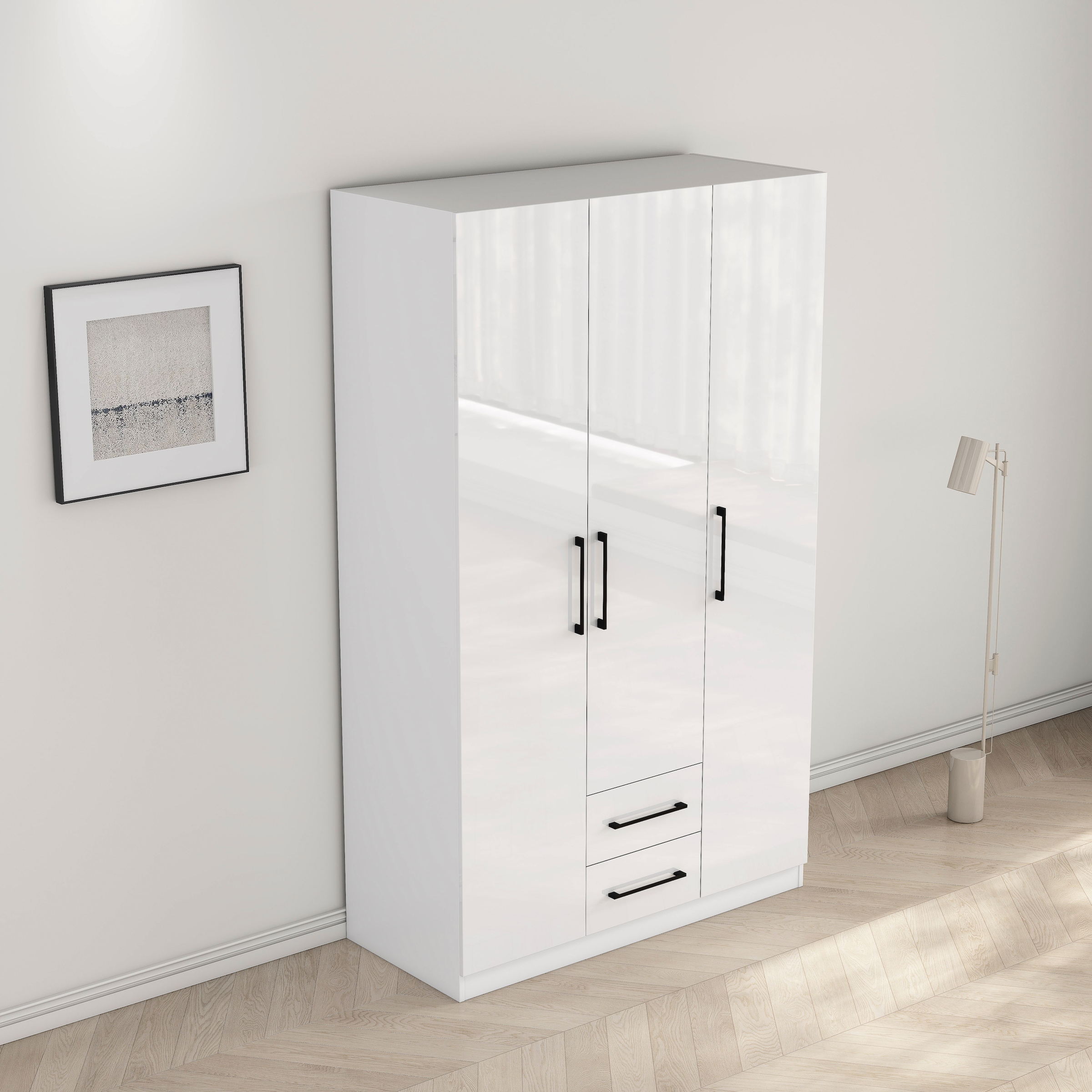GOODproduct Armoires à vêtements »Sylt Schlafzimmerschrank Garderobe Schrank hochglanz« Poignées métalliques haut de gamme noires,  Armoire à portes tournantes avec aménagement intérieur parfait, largeur 120cm