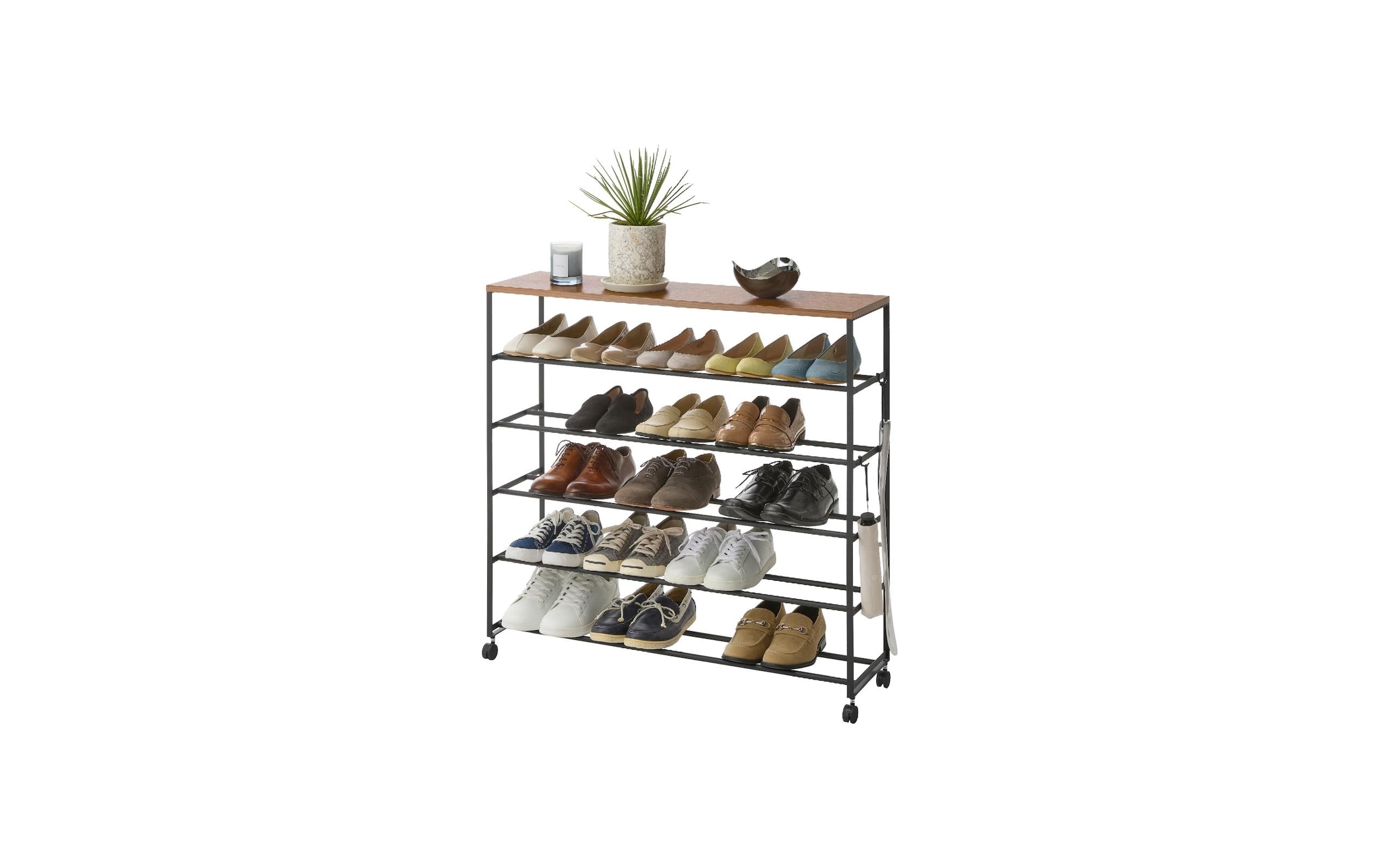 Yamazaki Armoire à chaussures »Tower 90.5 x 87 cm« 5-stöckiges Schuhregal mit Holzablage und Rollen