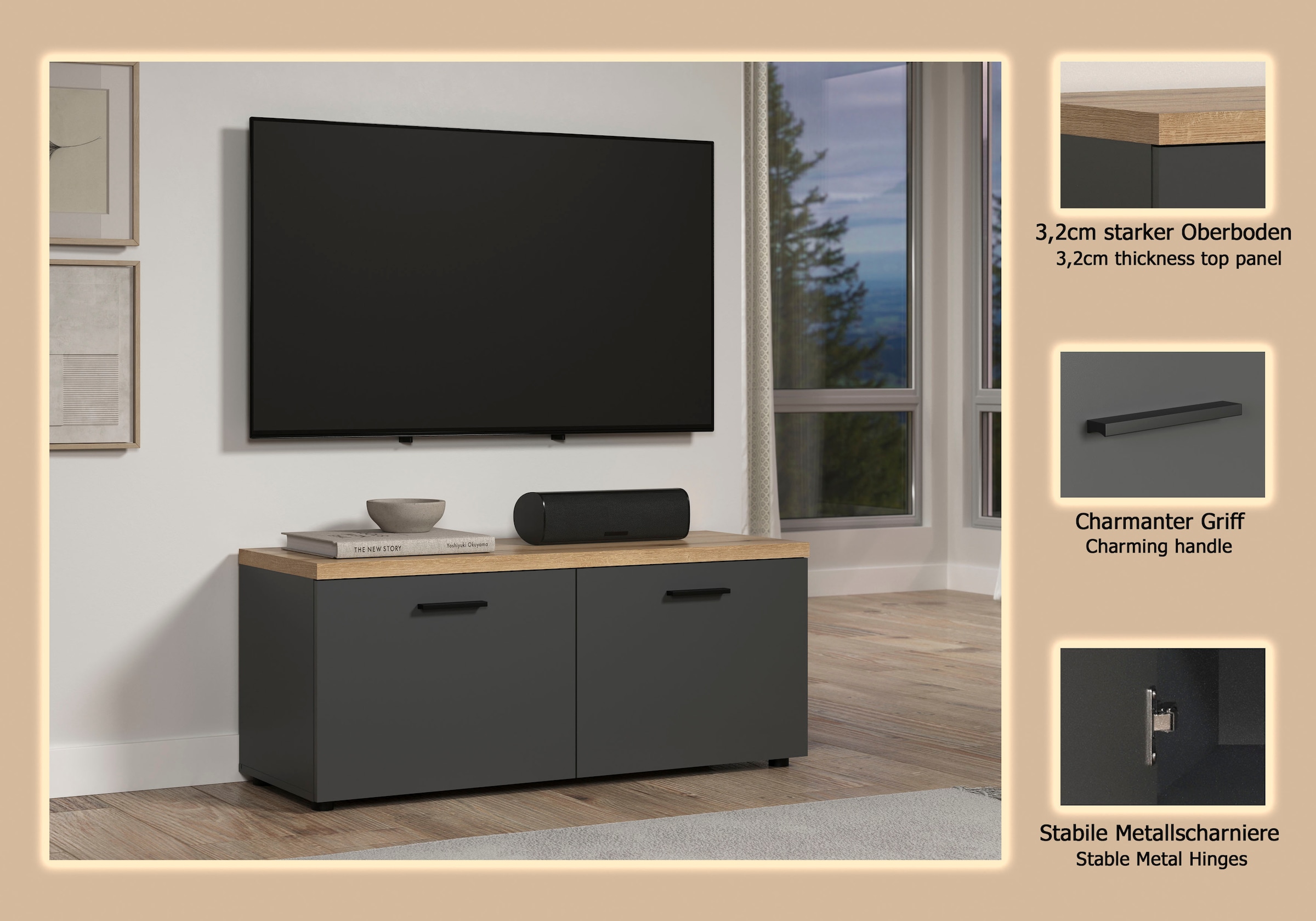 Home affaire Table basse »Bajo« 1 cuis tlg. meuble TV bas avec 2 portes et 2 étagères – (L/P/H) 120/40/50 cm