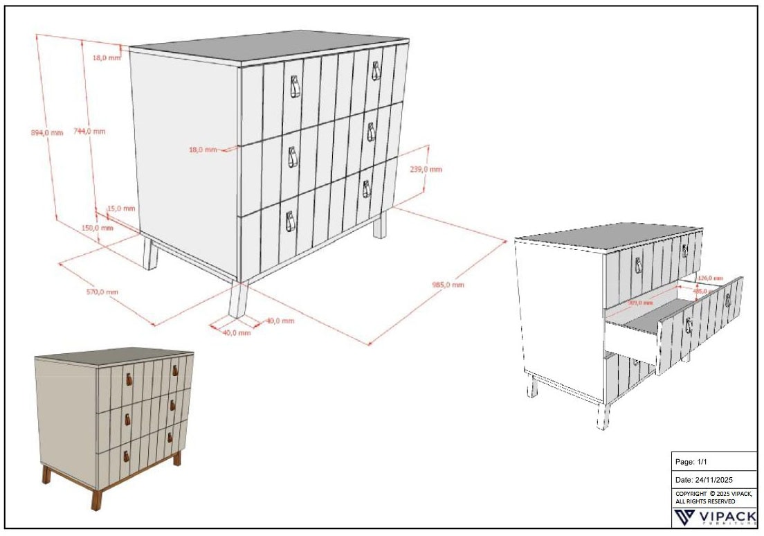 Vipack Commode à langer »Sezane mit Front in Rillen-Optik, Griffschlaufen und Wickelaufsatz« bis 11 kilos mDF peint couleur argile, boucle de poignée marron, socle couleur noyer 98,5 cm