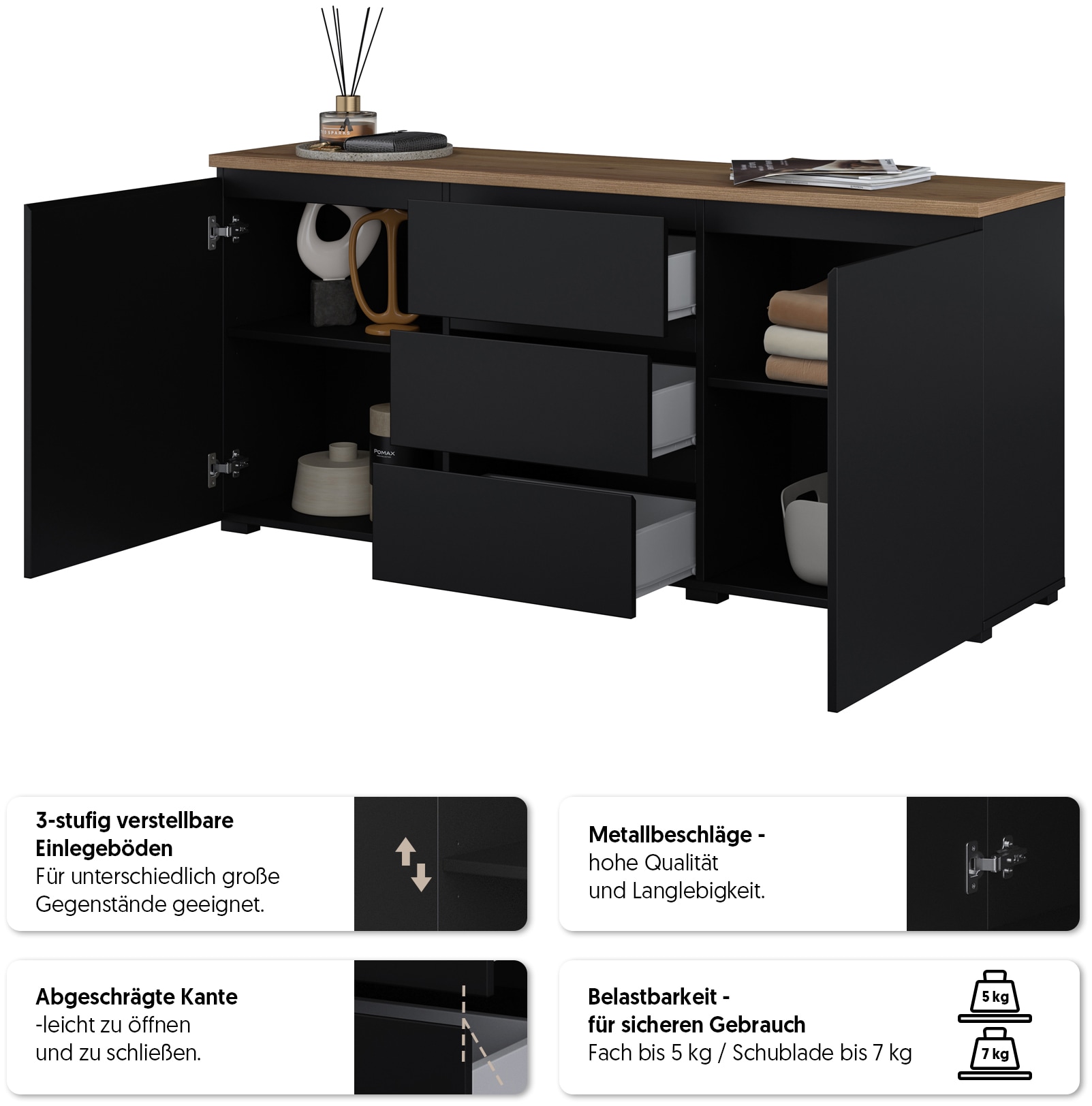 GOODproduct Sideboard »Modo, Breite 150 cm, moderne grifflose Kommode 2Türen/3 SK« Schubladenkommode mit viel Stauraum, Einlegeböden verstellbar