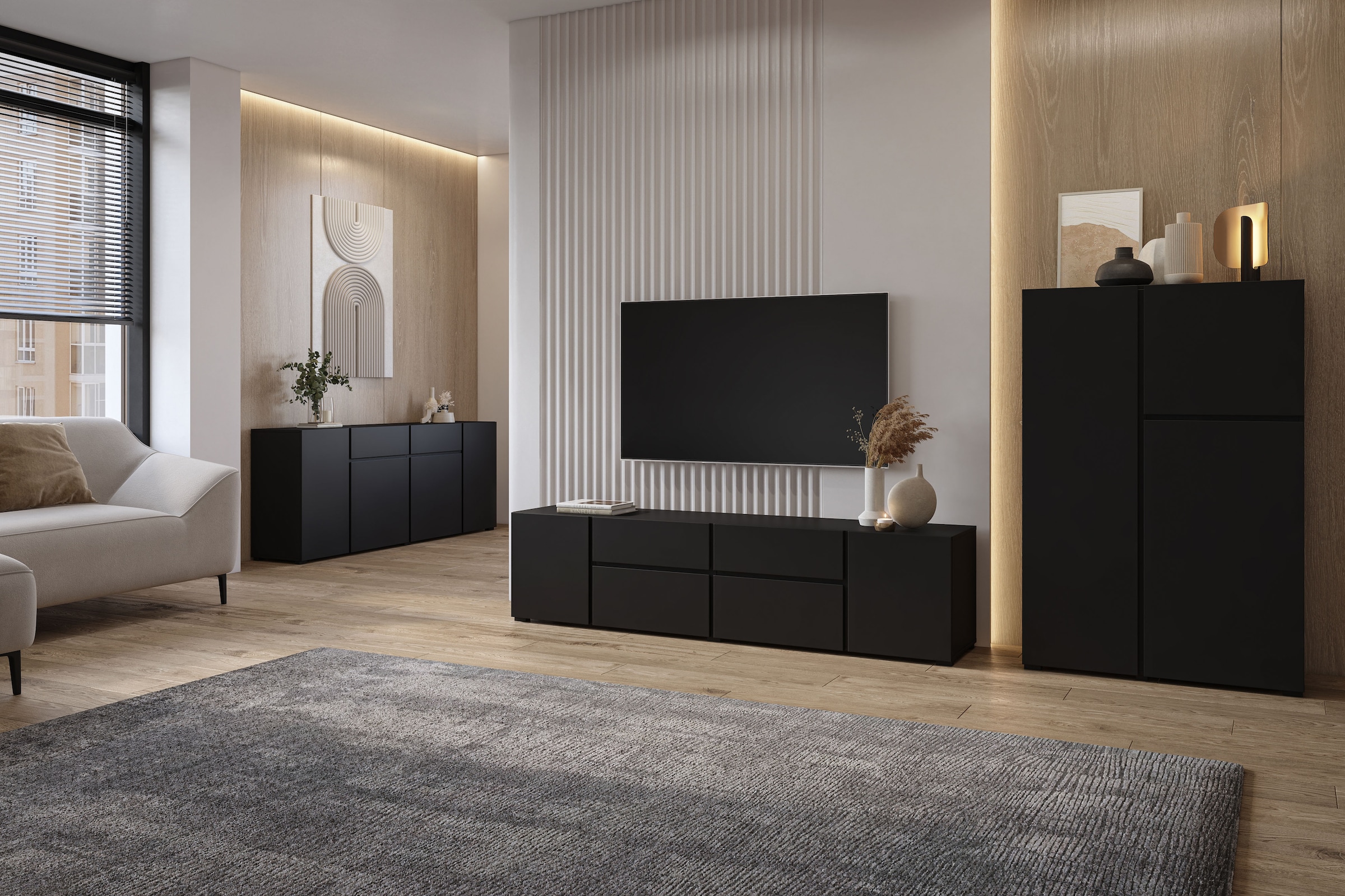 GOODproduct Table basse »Metric,Breite 195cm, grifflose Lowboard 2Klappen/2Schubkästen/2Tür« TV-Schrank mit viel Stauraum, TV-Board