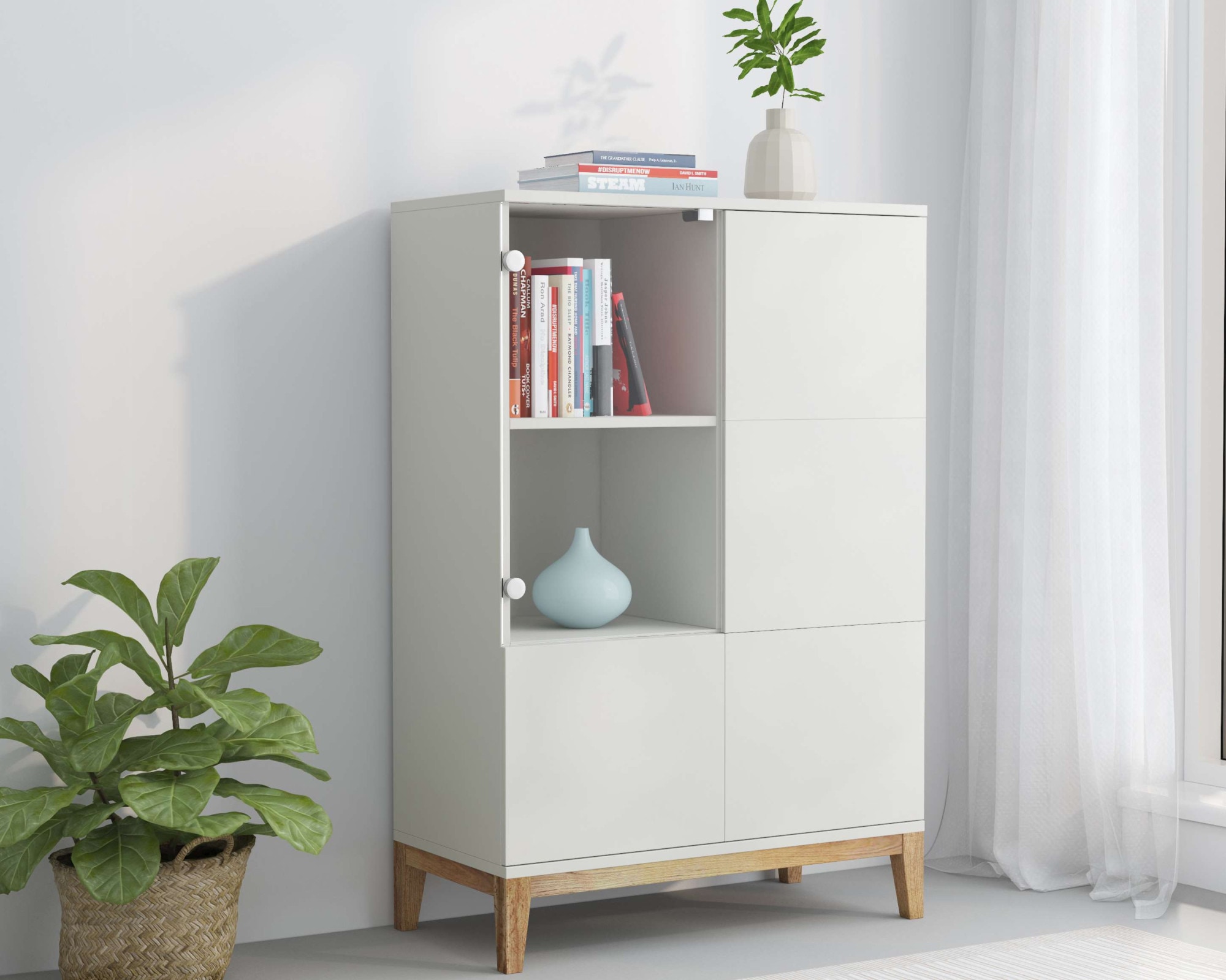 GOODproduct Buffet haut »Maryd« Commode, armoire moyenne, avec portes en verre et bois, étagères, largeur 80cm