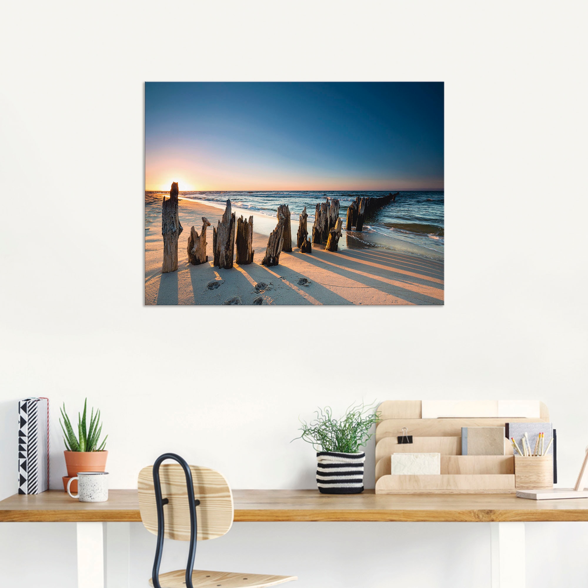 Artland Wandbild »Sonnenuntergang Strand Wellenbrecher« Meer Bilder 1 Stk. tlg. als Alubild, Leinwandbild in verschied. Grössen