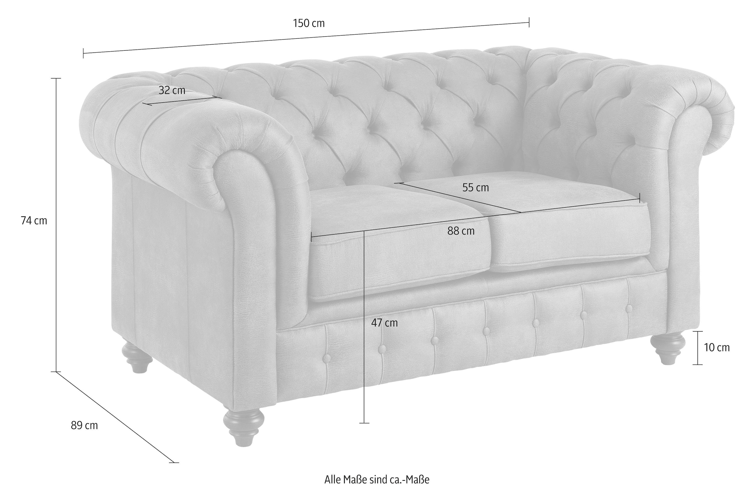 Home affaire Canapé Chesterfield »Chesterfield 2-Sitzer  B/T/H: 150/89/74 cm« mit hochwertiger Knopfheftung , auch in Leder