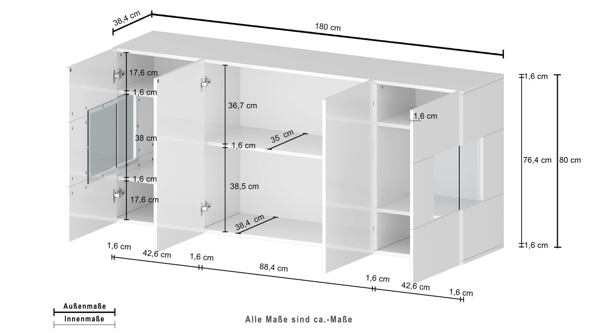 GOODproduct Sideboard »Egypt, Kommode, Schrank, Kredenz, Vitrine grifflos« 4 Türen davon 2 mit Glaseinsatz, kompl. Hochglanz lackiert, Breite 180
