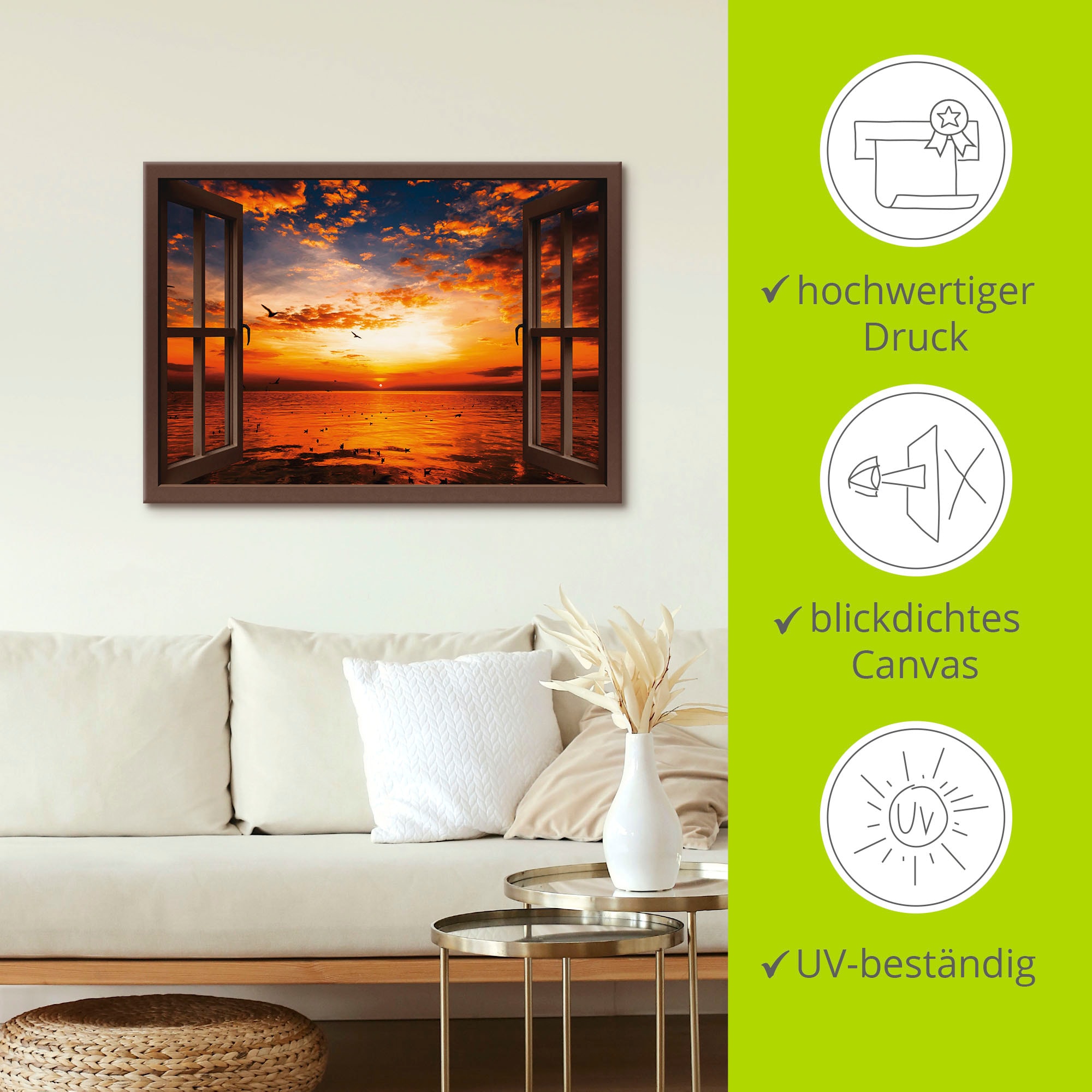 Artland Leinwandbild »Fensterblick Sonnenuntergang am Strand« Fensterblick 1 Stk. tlg. auf Holzrahmen gespannt