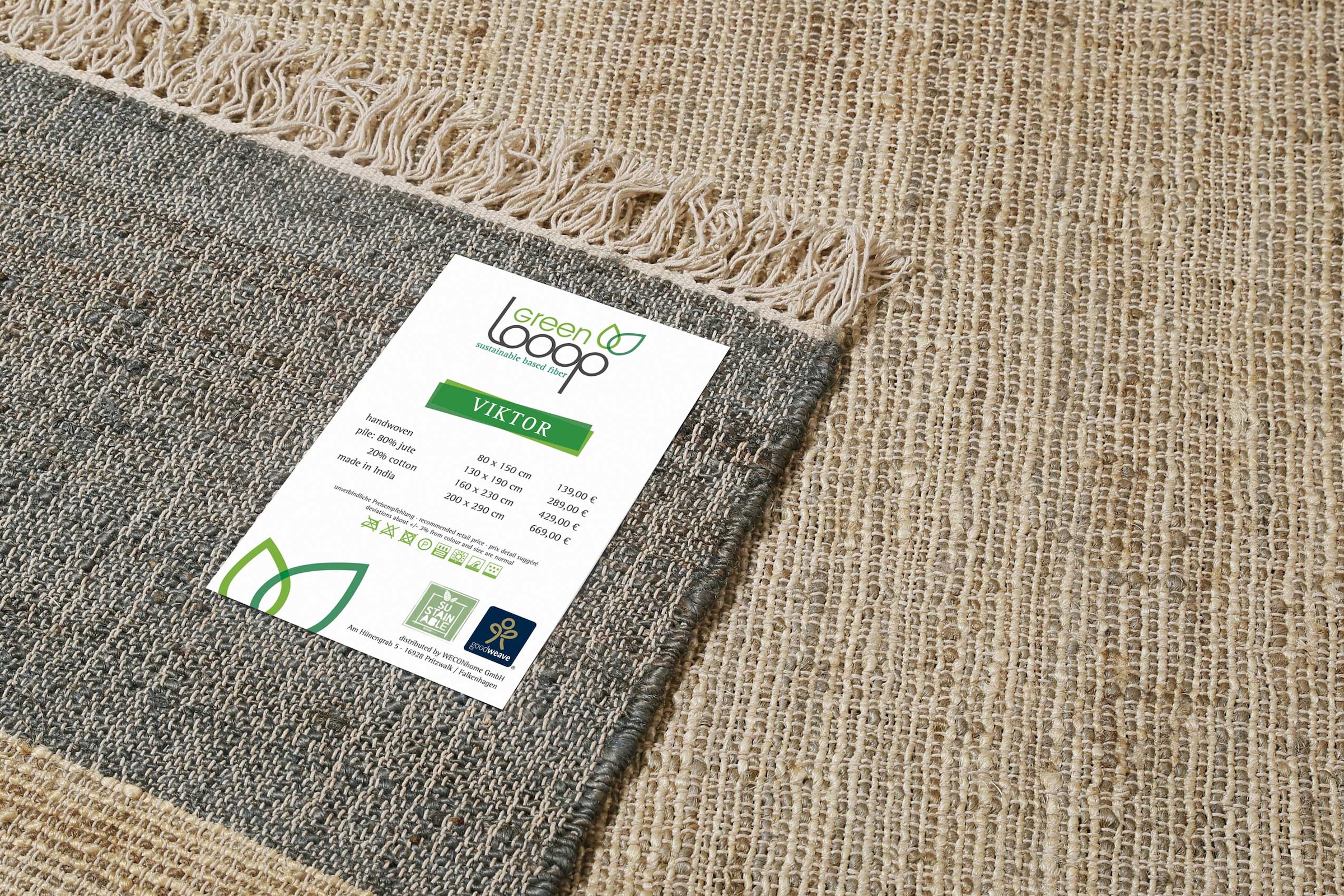Green Looop Tapis »Viktor GL-82303« Rectangulaire 4 mm Höhe Naturfaser Teppich aus 80% Jute 20% Baumwolle, mit Fransen, Wohnzimmer