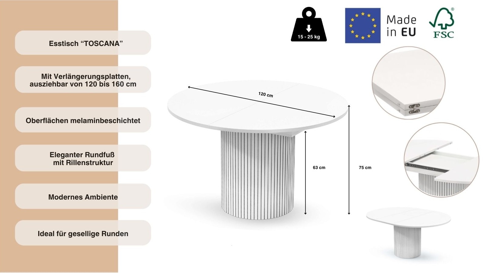 Woodman Esstisch »Toscana« Breite 120 cm, melaminbeschichtet, mit Verlängerungsplatten, FSC®