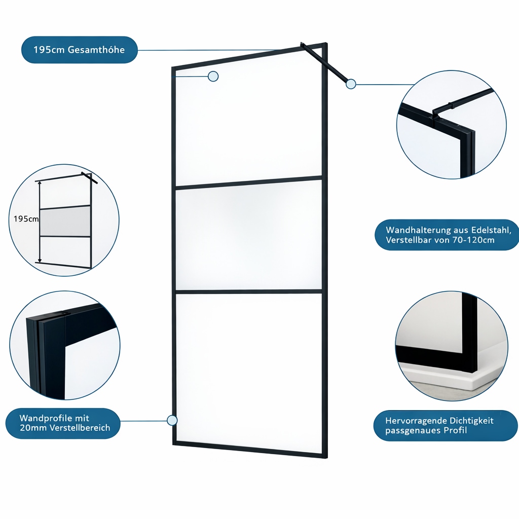 welltime Douche à l'italienne »Walk-In Foggy Black« Insert en verre dépoli pour une parfaite protection visuelle