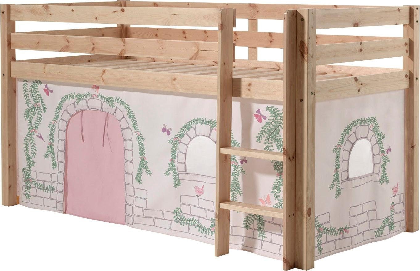 Vipack Lit superposé »Pino, Spielbett massiv Kiefer, stabil gebaut, 3 Korpusfarben zur Wahl« Incl. sommier à lattes roulantes, échelle et protection anti-chute, avec ou sans toboggan,  ensemble textile "Astronaut", incl. rideau, avec ou sans tunnel